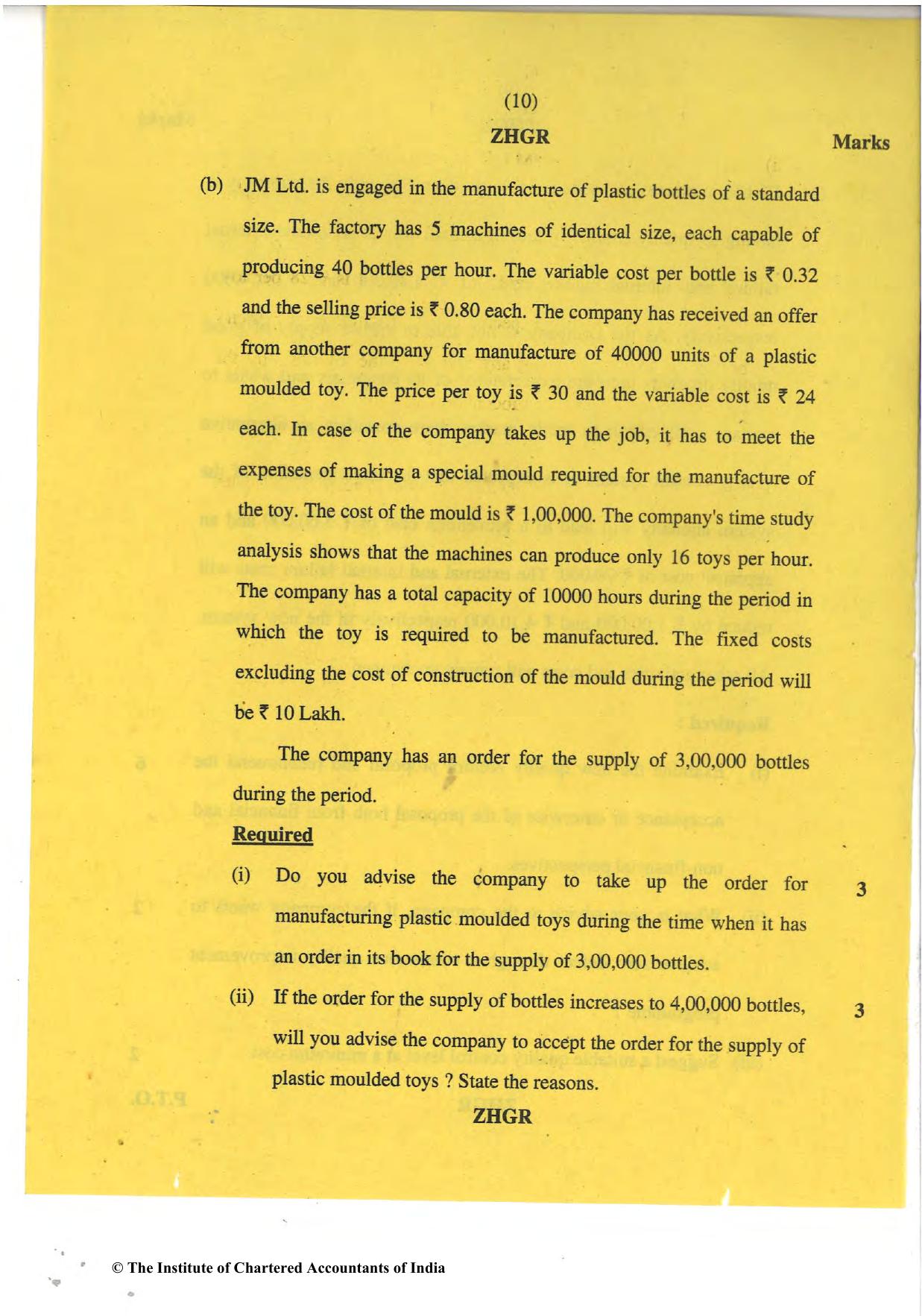 CA Final May 2018 Question Paper - Paper 5 – Strategic Cost Management and Performance Evaluation - Page 10