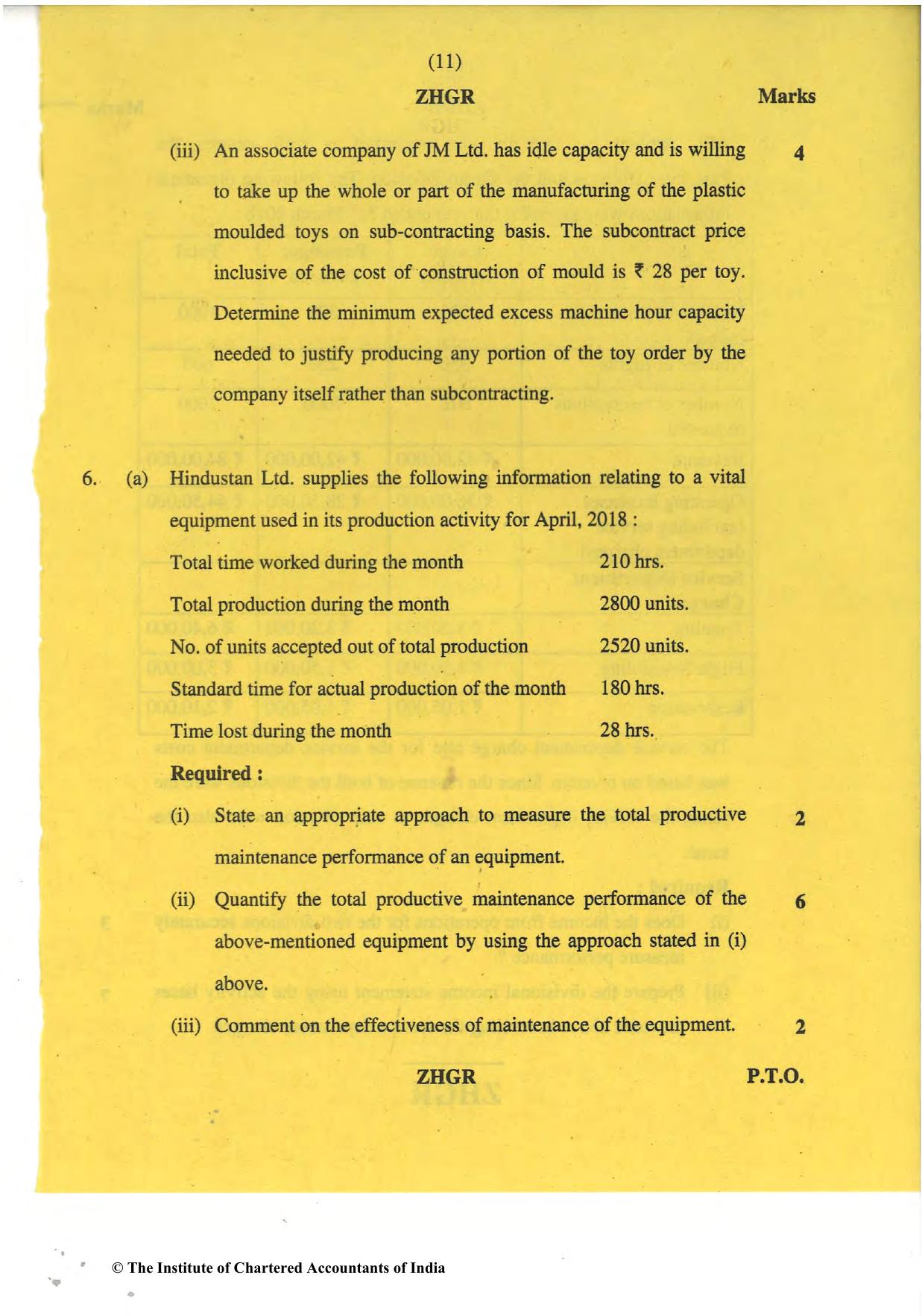 CA Final May 2018 Question Paper - Paper 5 – Strategic Cost Management and Performance Evaluation - Page 11