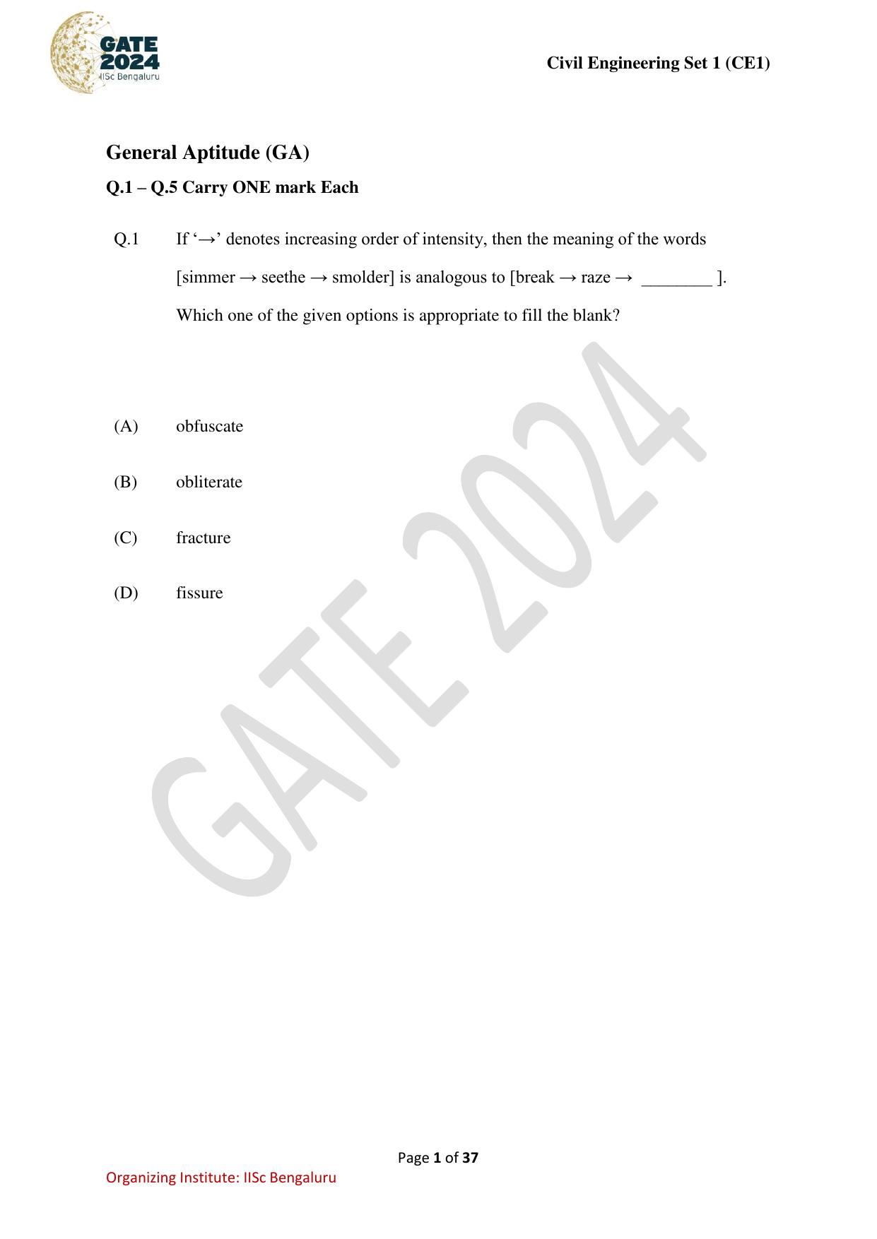 GATE 2024 Civil Engineering (CE-1) (Forenoon) Question Paper - Page 1