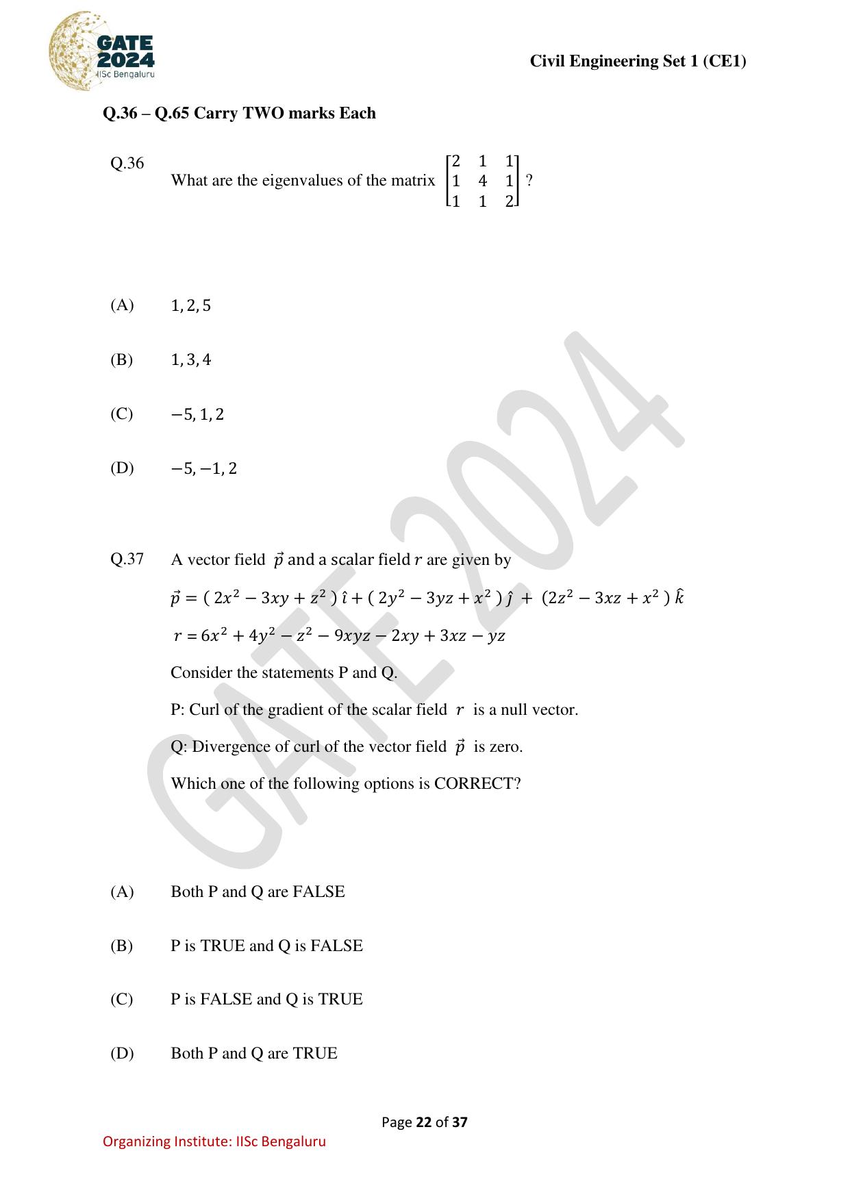 GATE 2024 Civil Engineering (CE-1) (Forenoon) Question Paper - Page 22
