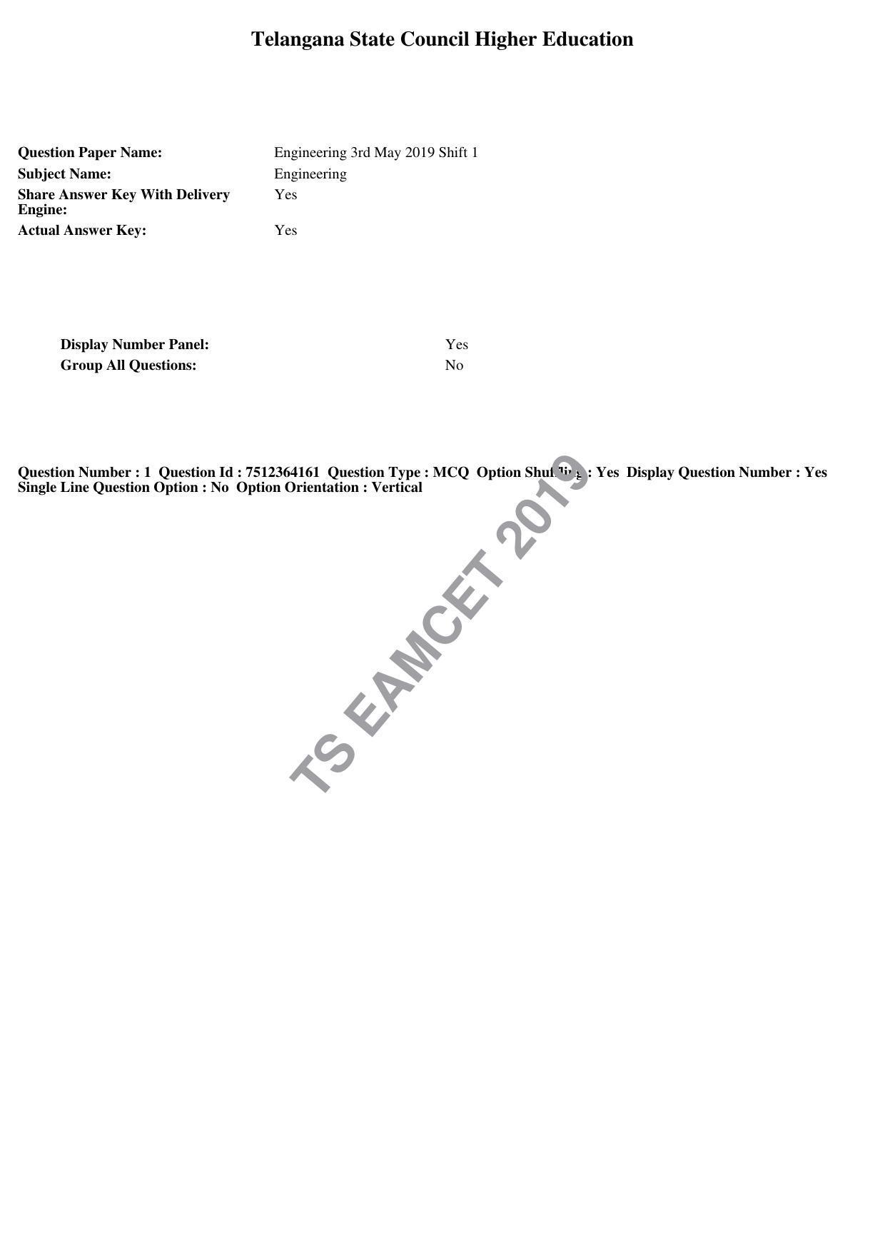 TS EAMCET 2019 Engineering Question Paper with Key (3 May 2019 Forenoon) - Page 1