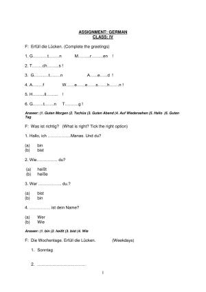 Worksheet for Class 4 German Assignment 4
