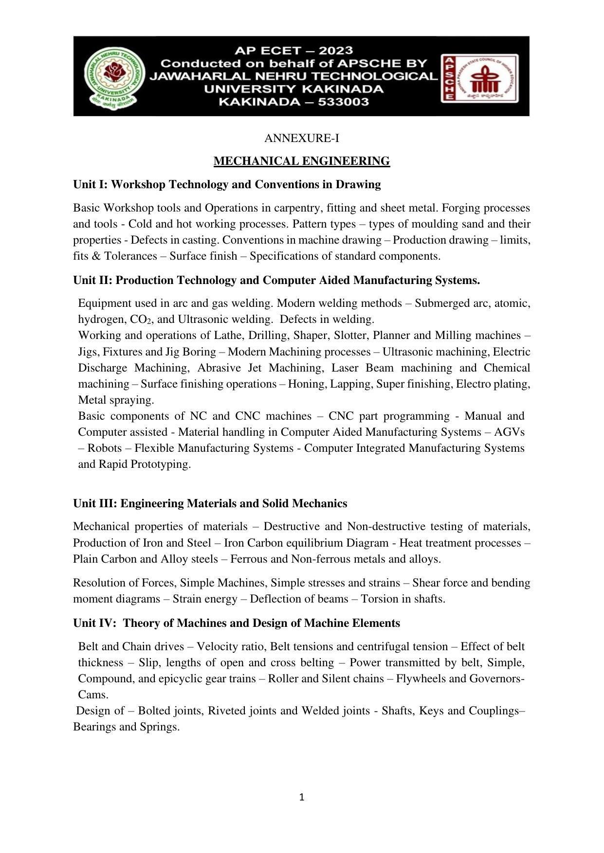 AP ECET MECHANICAL ENGINEERING Syllabus - Page 1