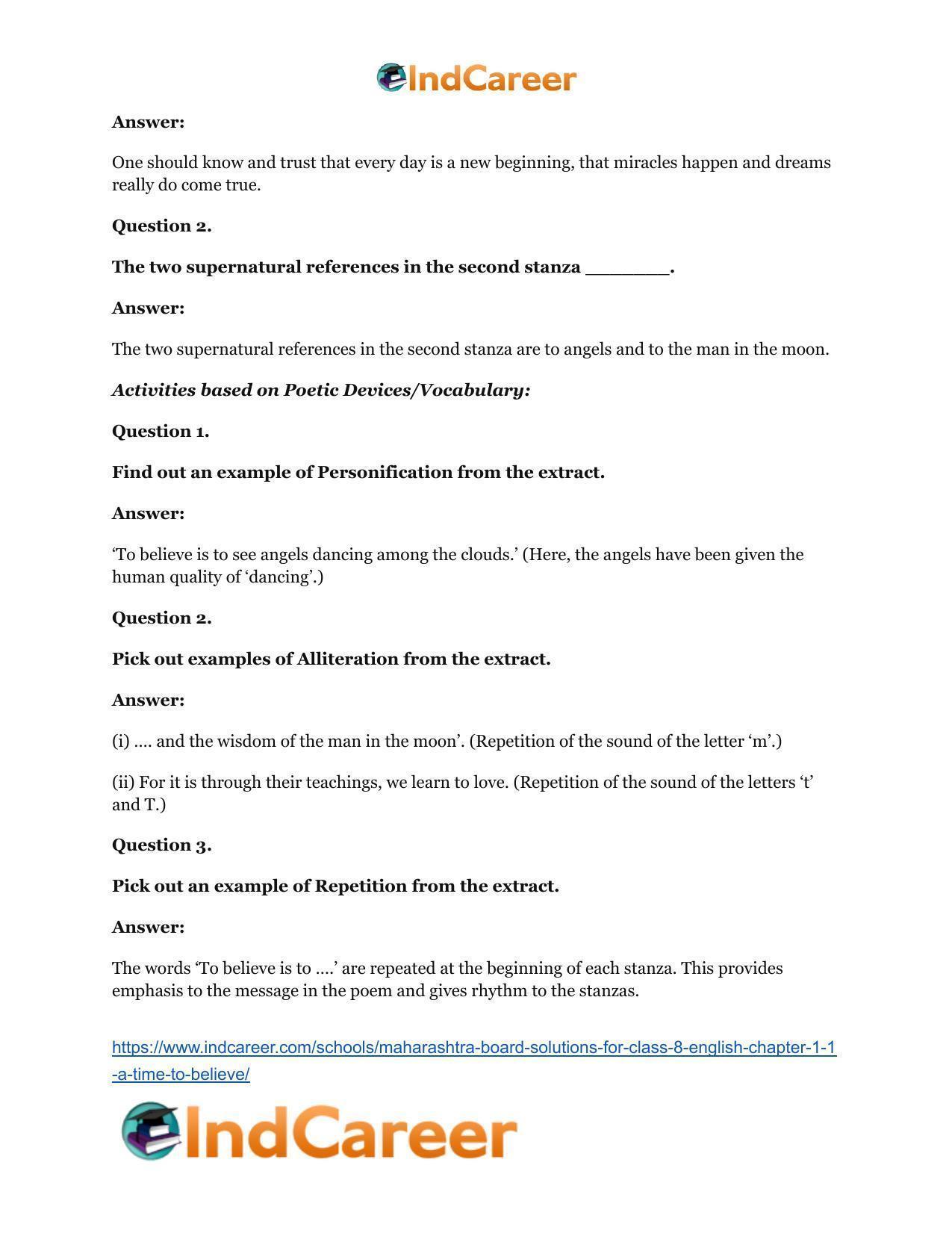 Maharashtra Board Solutions for Class 8- English: Chapter 1.1- A Time To Believe - Page 8