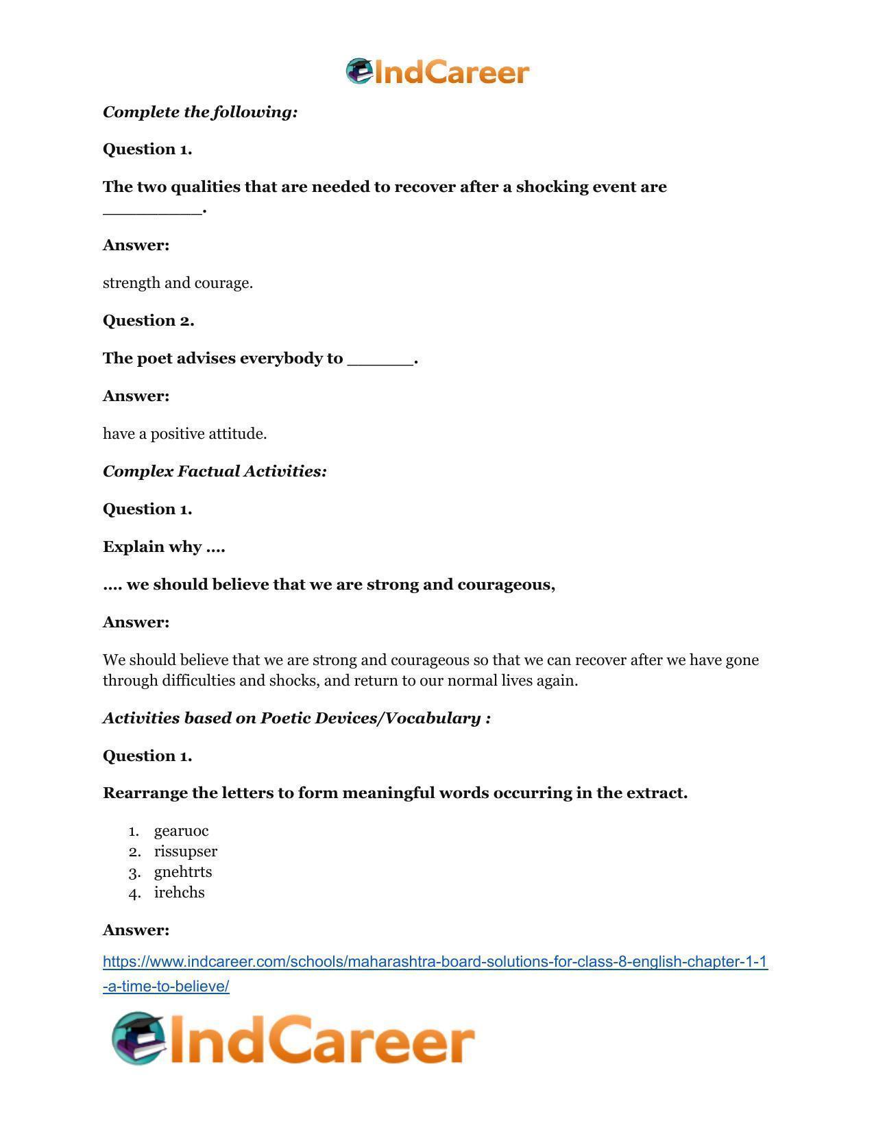 Maharashtra Board Solutions for Class 8- English: Chapter 1.1- A Time To Believe - Page 9