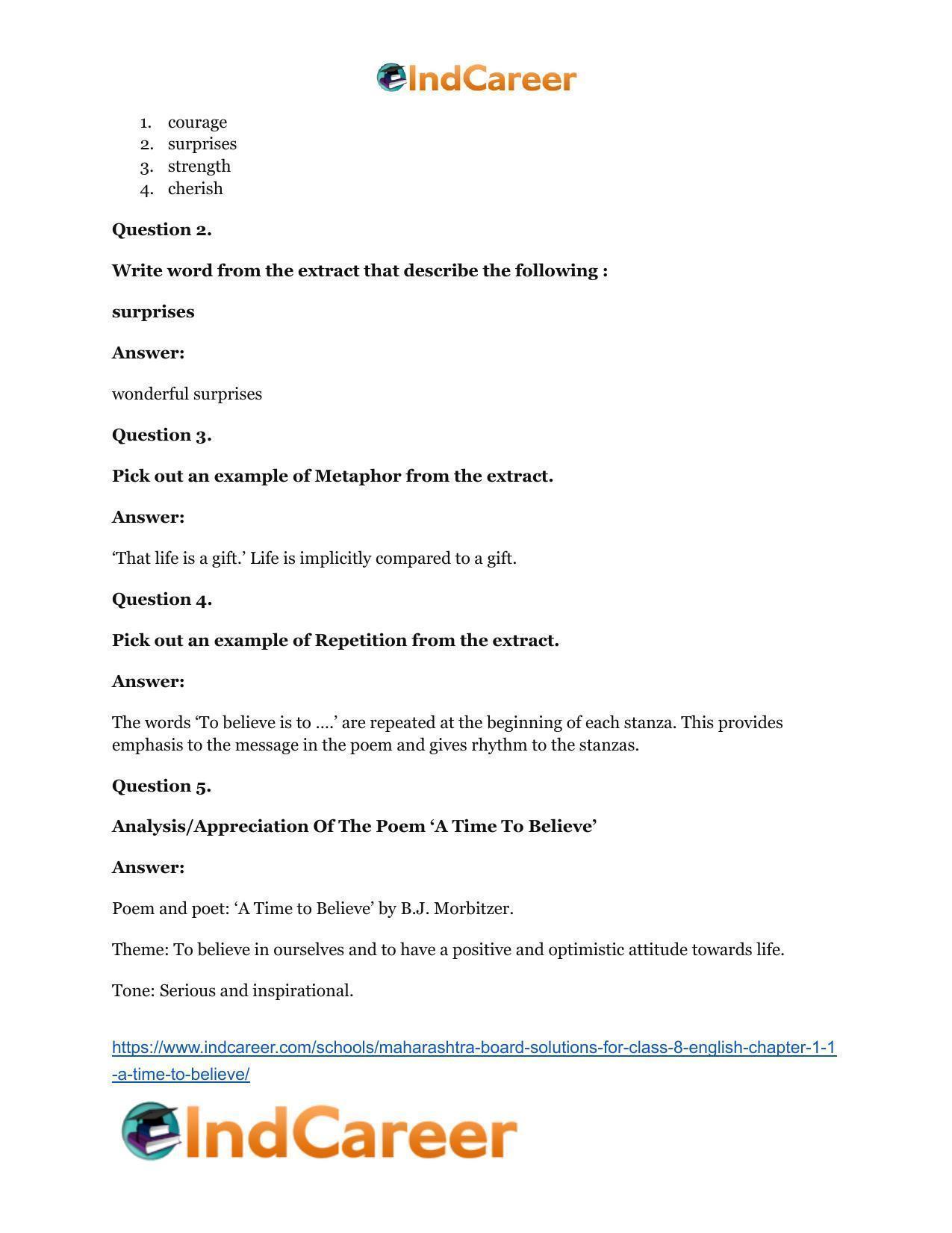 Maharashtra Board Solutions for Class 8- English: Chapter 1.1- A Time To Believe - Page 10