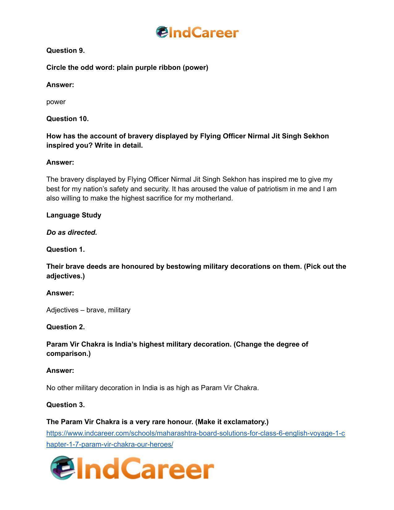 Maharashtra Board Solutions for Class 6- English (Voyage 1): Chapter 1.7- Param Vir Chakra: Our Heroes - Page 9