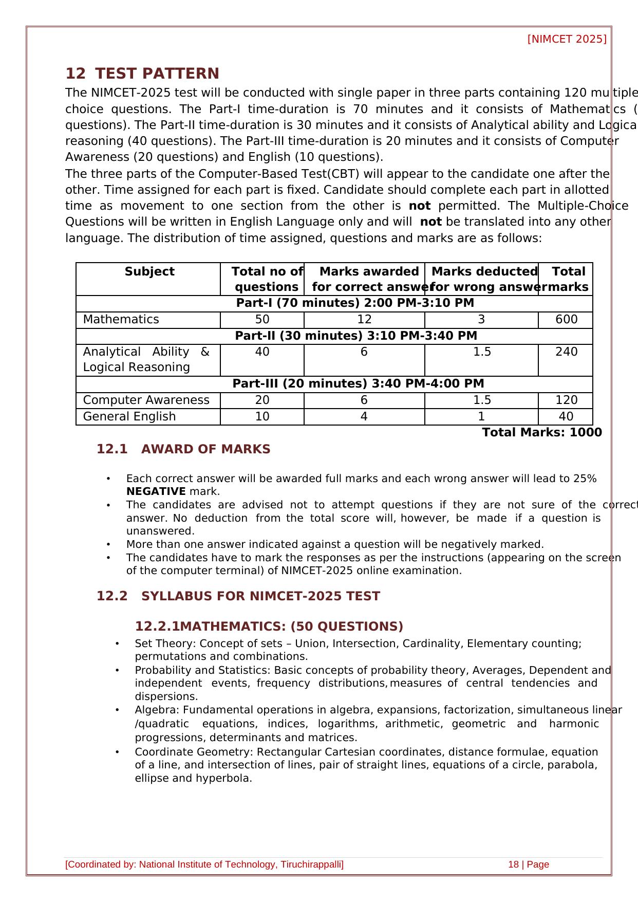 NIMCET Syllabus - Page 1