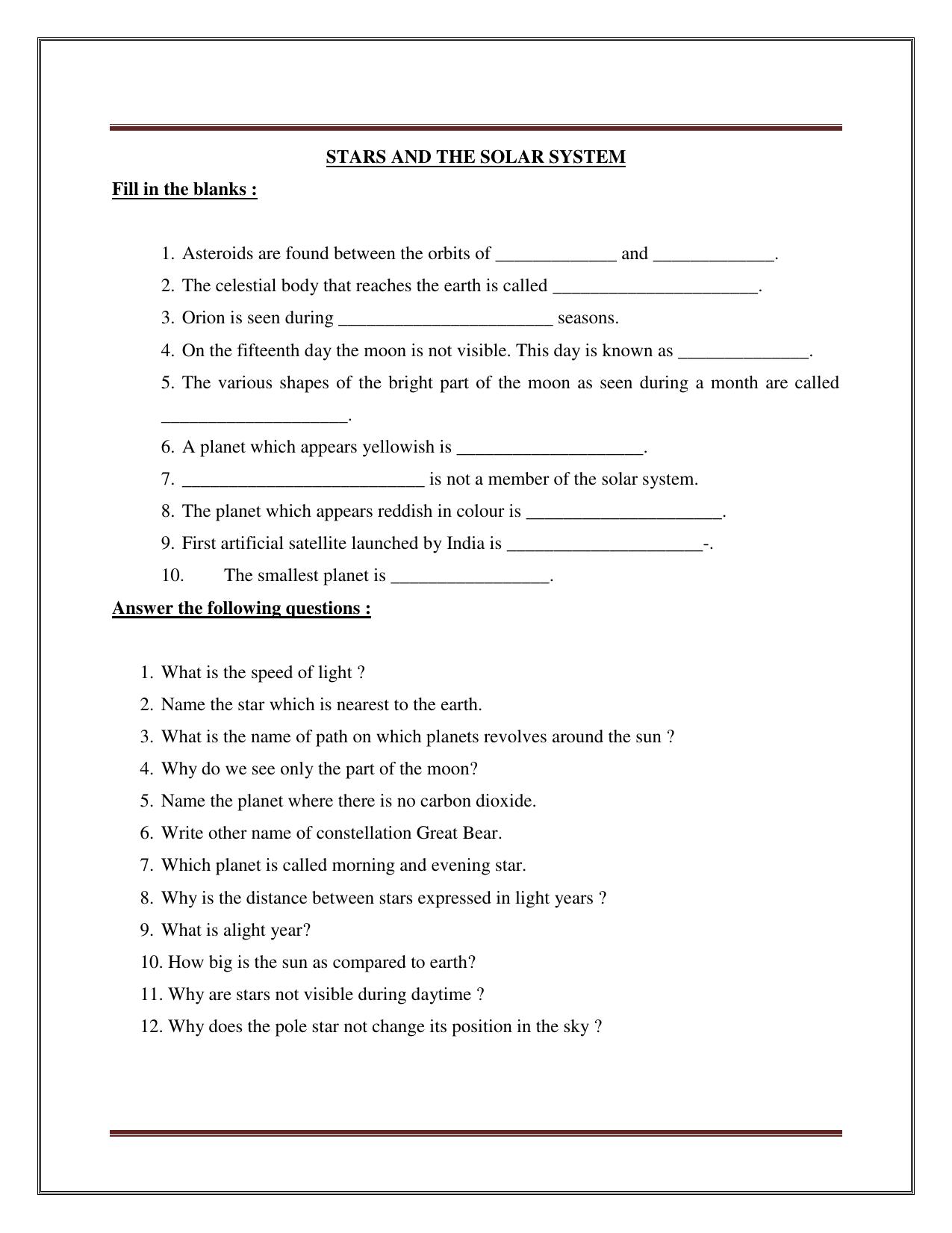 CBSE Worksheets for Class 8 Science Stars And The Solar System Part B Assignment - Page 1
