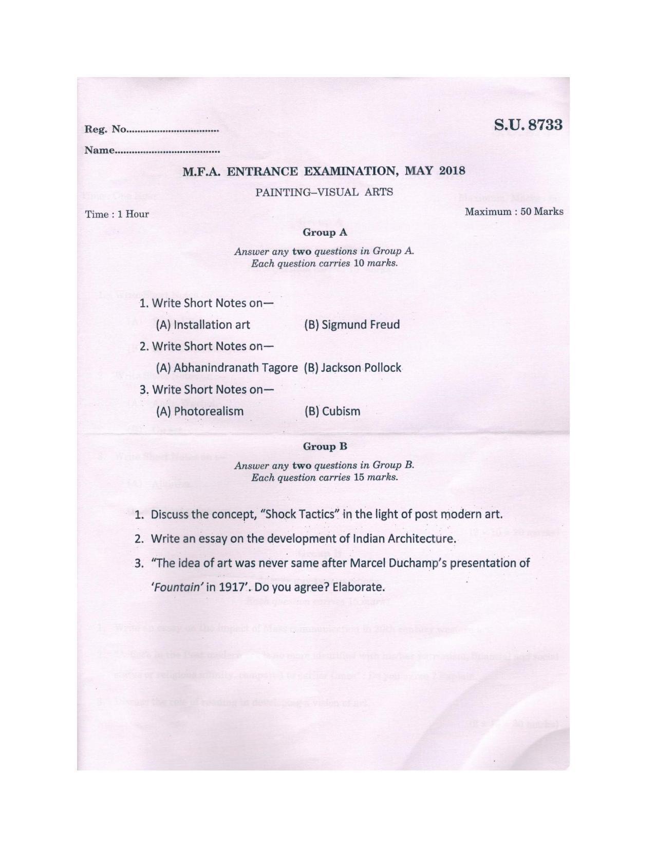SSUS Entrance Exam PAINTING-VISUAL ARTS 2018 Question Paper - Page 1