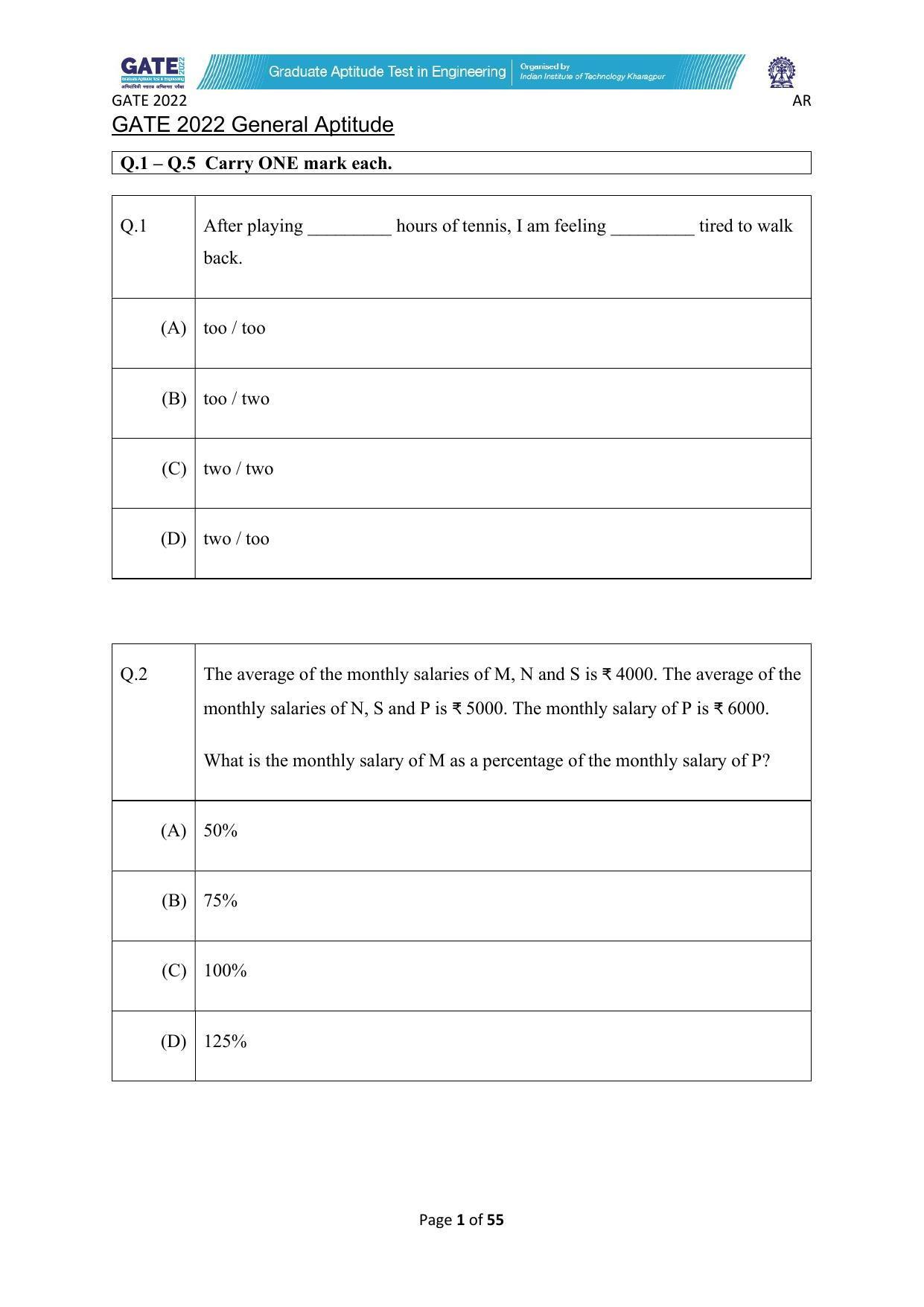 GATE 2022 Architecture and Planning (AR) Question Paper - Page 1