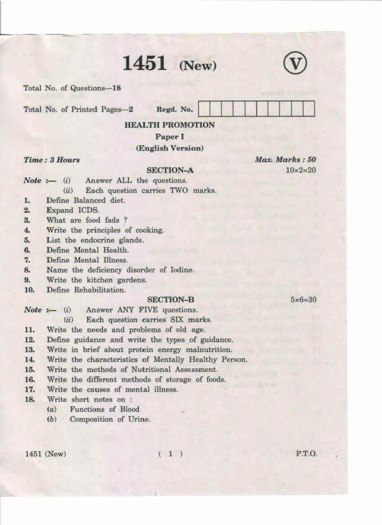 AP Inter 1st Year Health Promotion-I (New) May-2019-Vocational Question Paper - Page 1