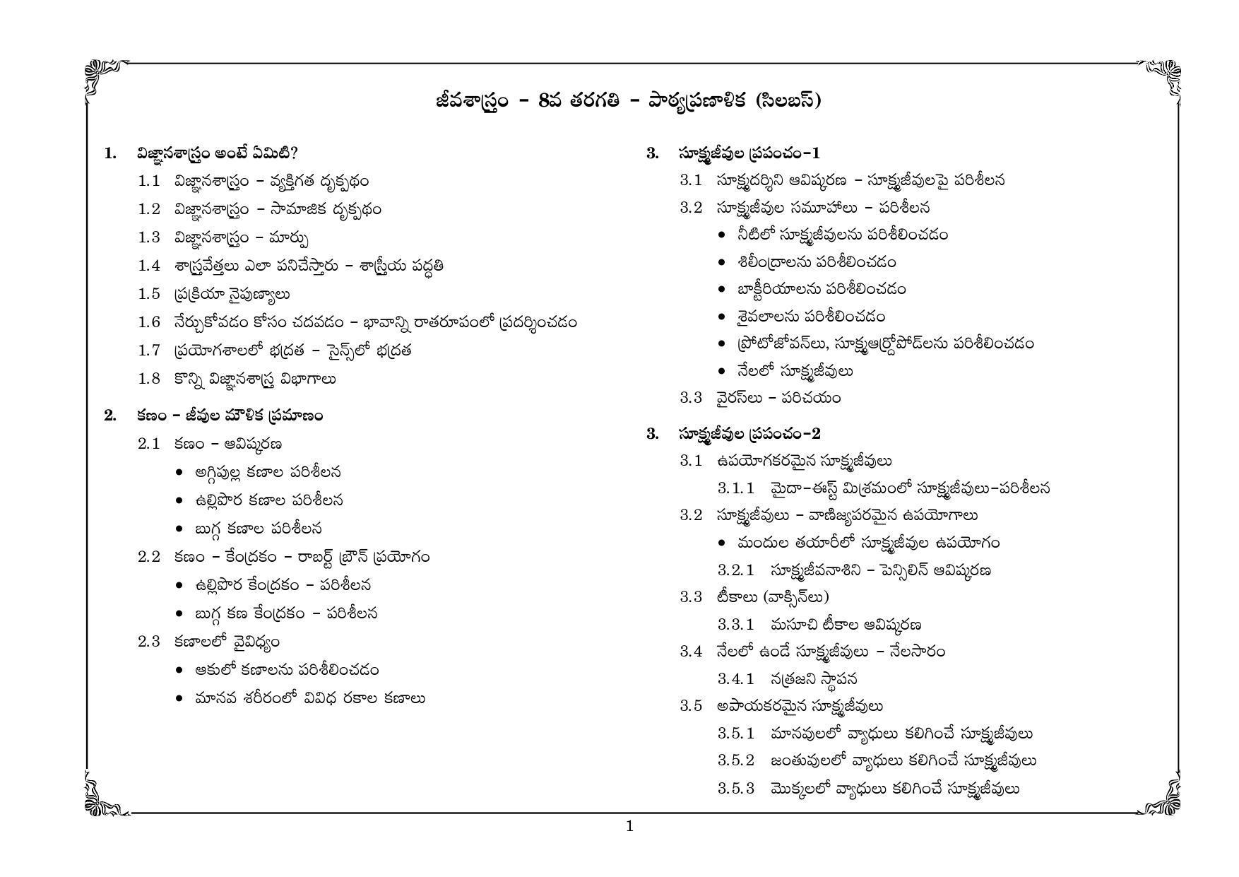 Telangana Baord Biology Syllabus  (Classes VIII to X) - Telugu Medium - Page 1