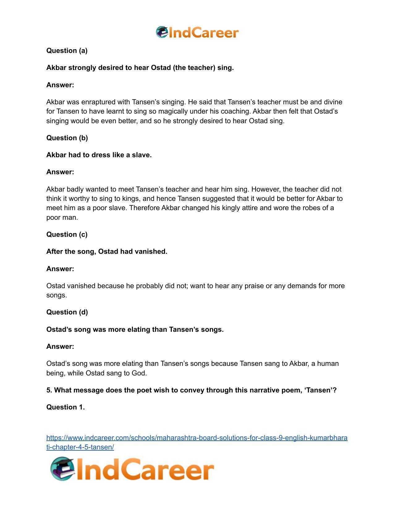 Maharashtra Board Solutions for Class 9- English Kumarbharati: Chapter 4.5- Tansen - Page 8