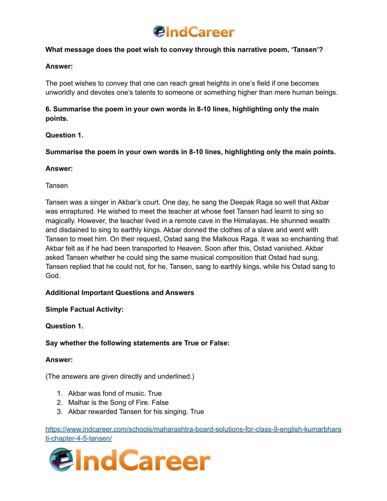 Maharashtra Board Solutions for Class 9- English Kumarbharati: Chapter 4.5- Tansen - Page 9
