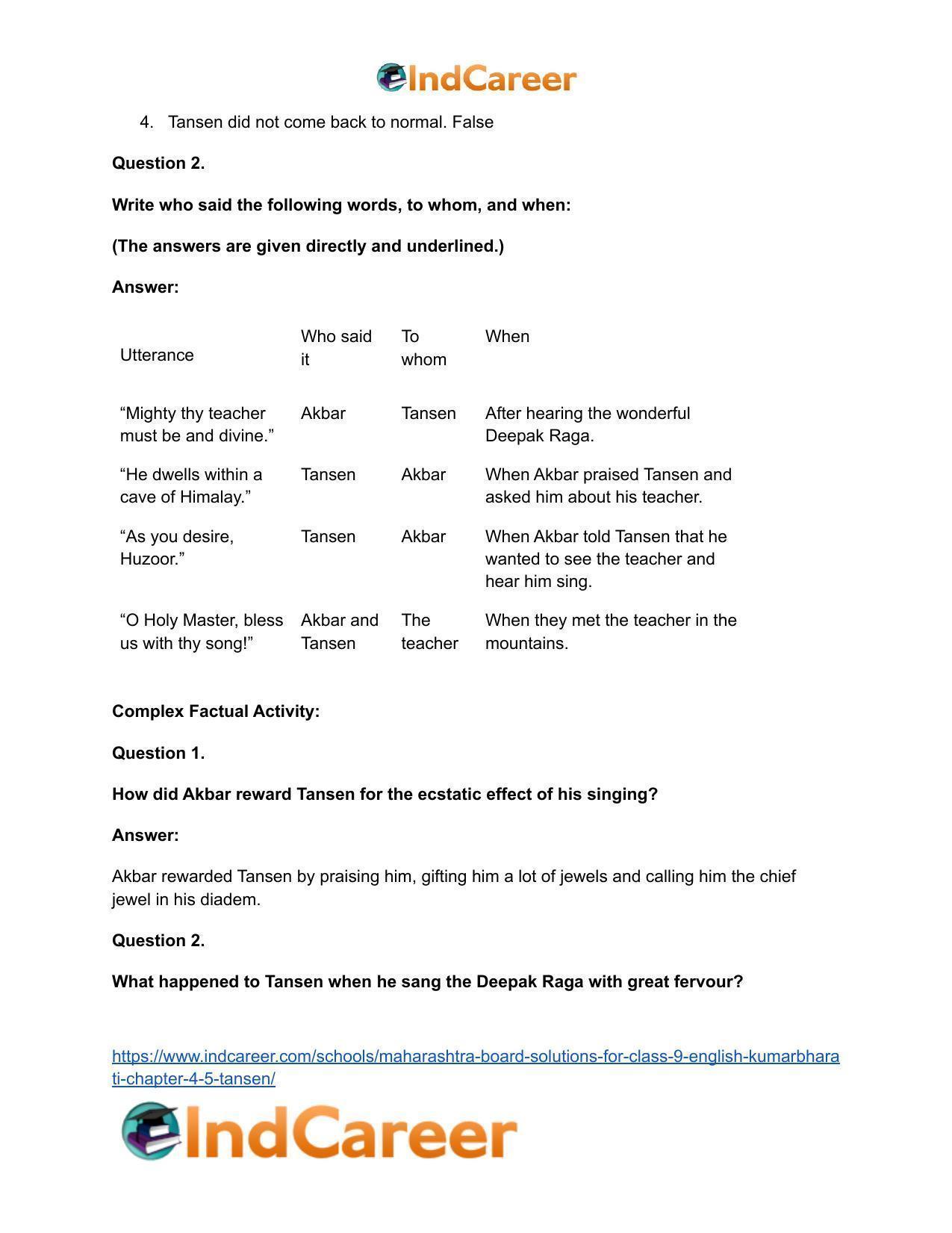 Maharashtra Board Solutions for Class 9- English Kumarbharati: Chapter 4.5- Tansen - Page 10