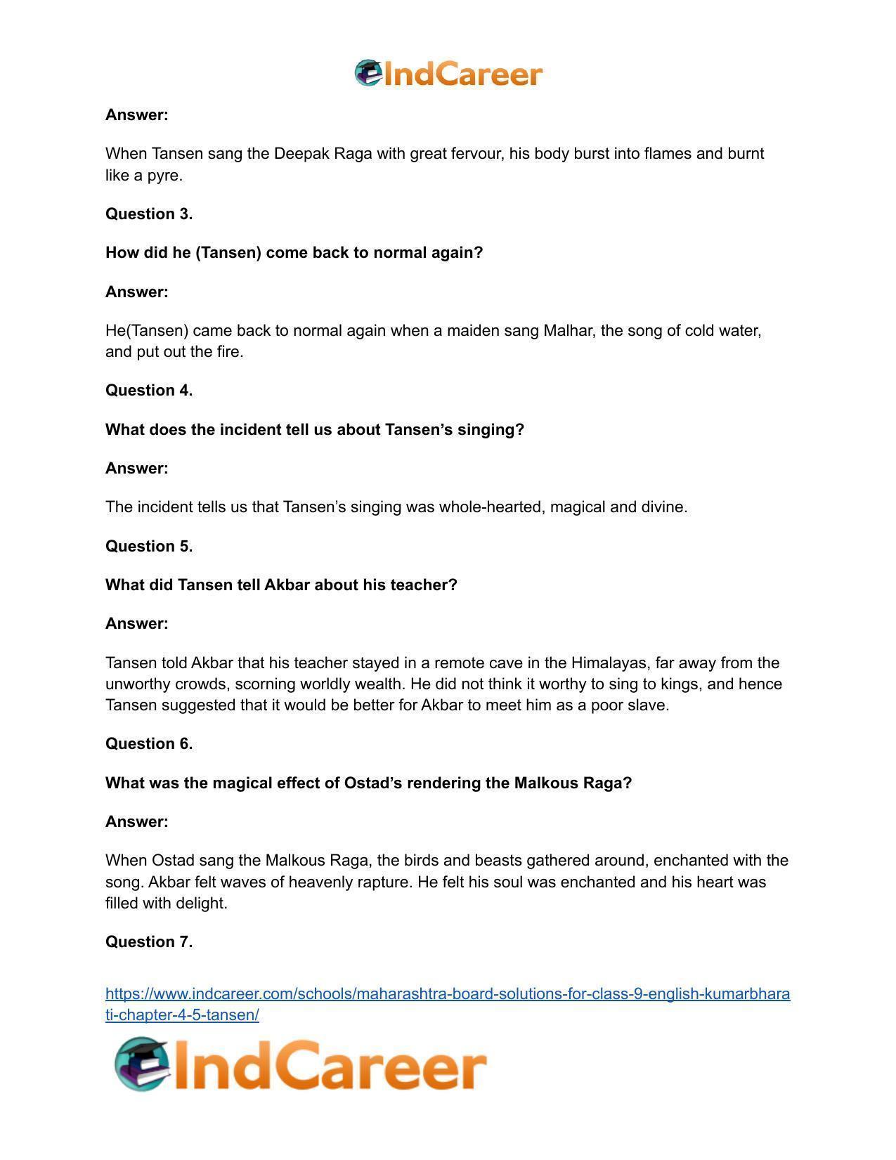 Maharashtra Board Solutions for Class 9- English Kumarbharati: Chapter 4.5- Tansen - Page 11