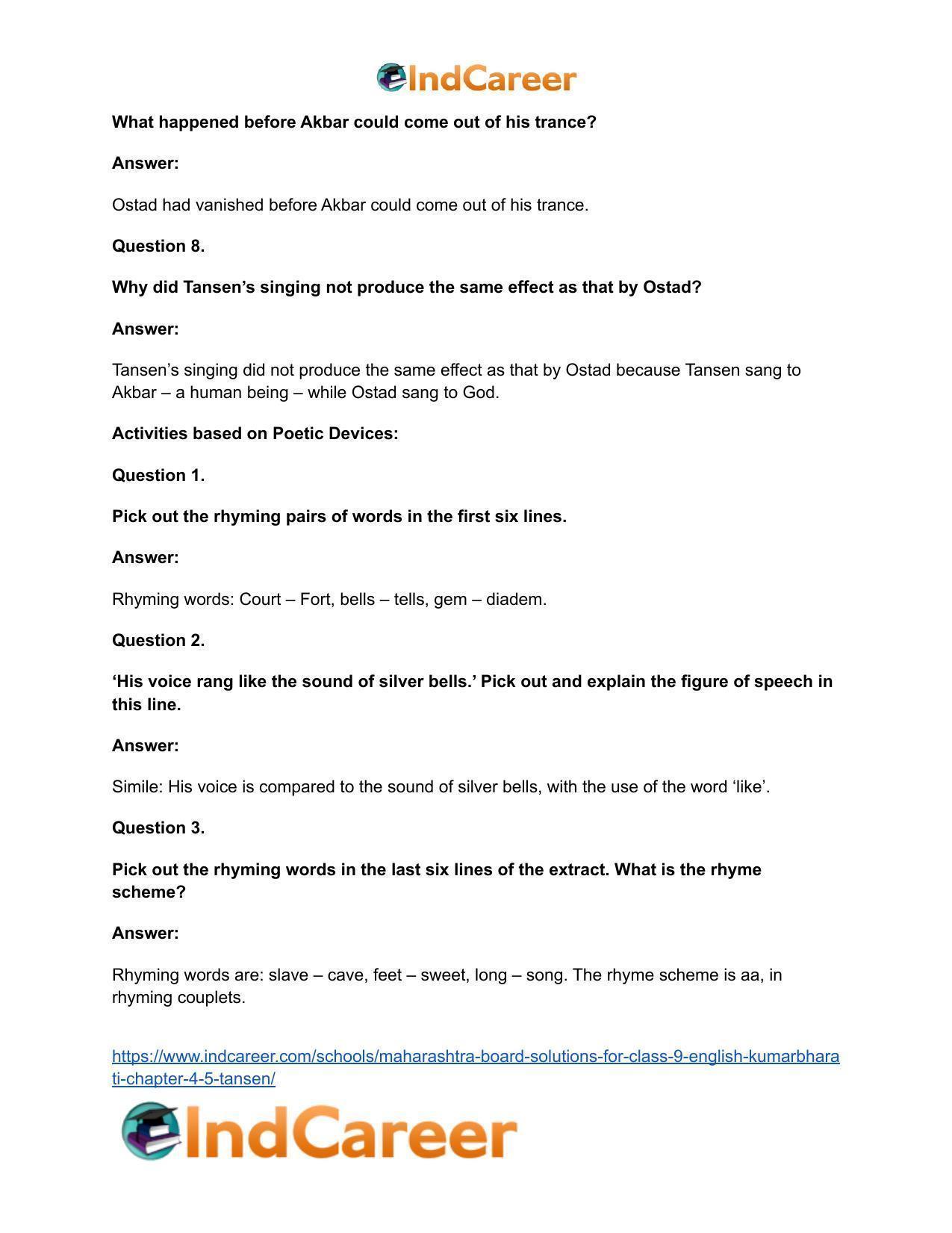 Maharashtra Board Solutions for Class 9- English Kumarbharati: Chapter 4.5- Tansen - Page 12