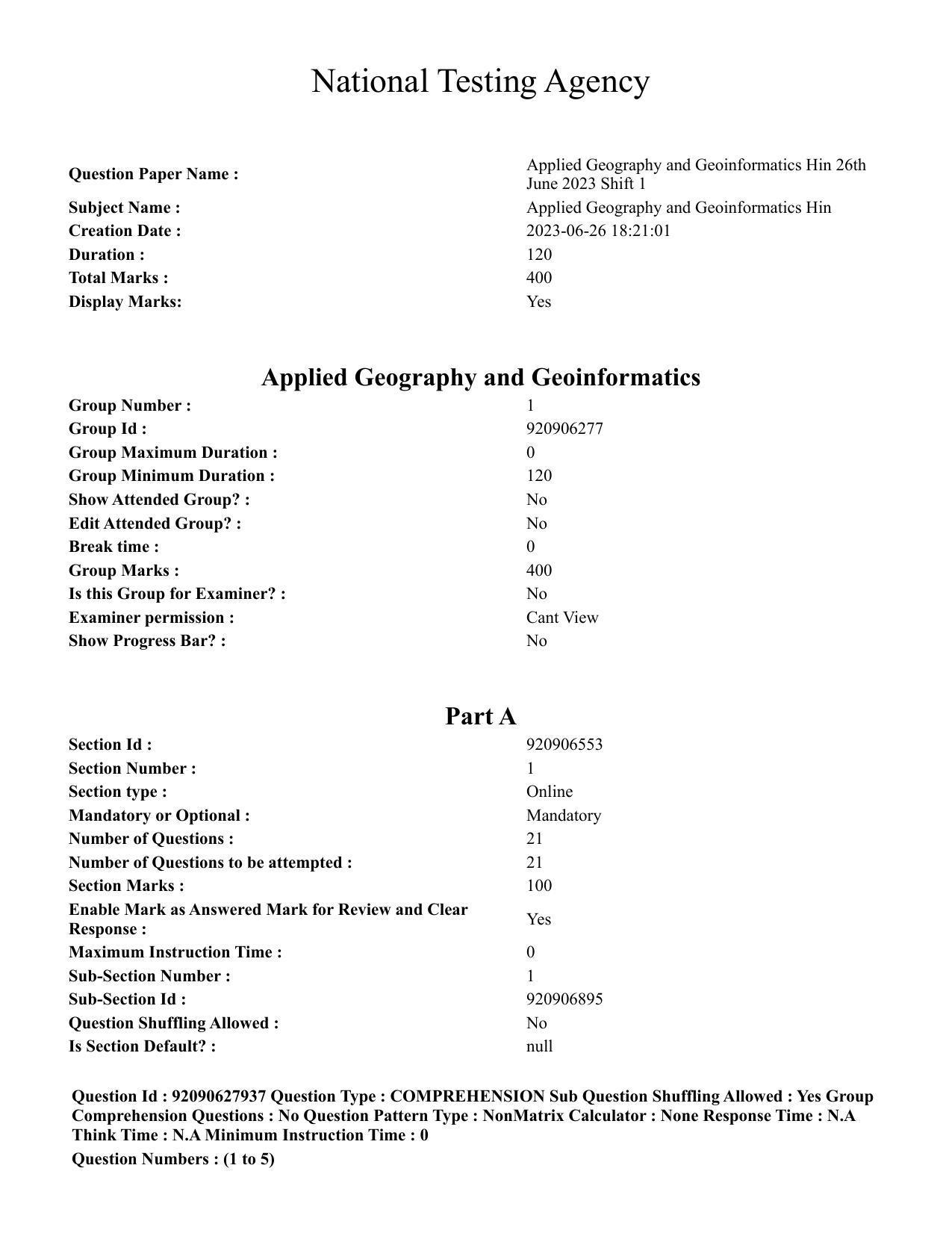 CUET PG 2023: COQP02 – Applied Geography and Geoinformatics (Hin) - Shift 1 (26-06-2023) Question Paper - Page 1
