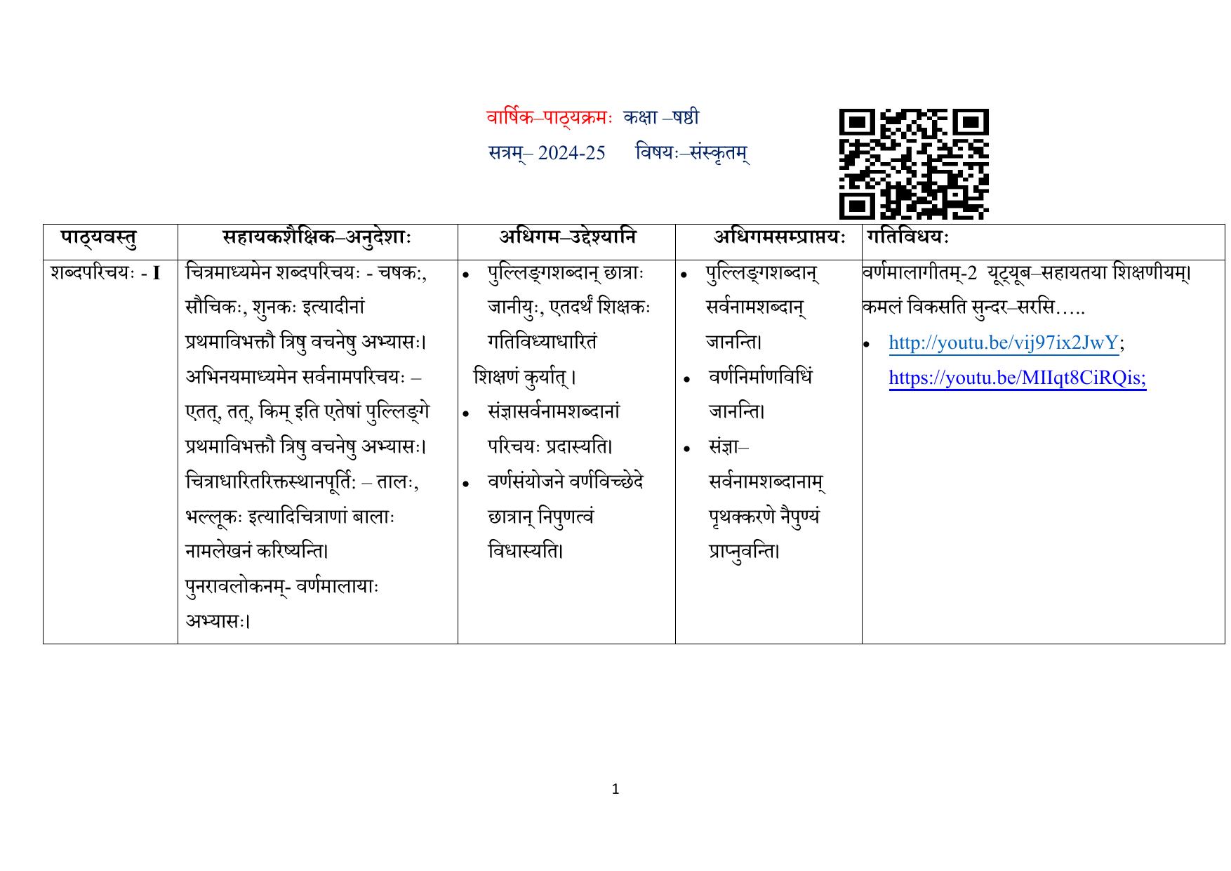 Edudel Class 6 Sanskrit (Hindi Medium) Syllabus 2025 - Page 1