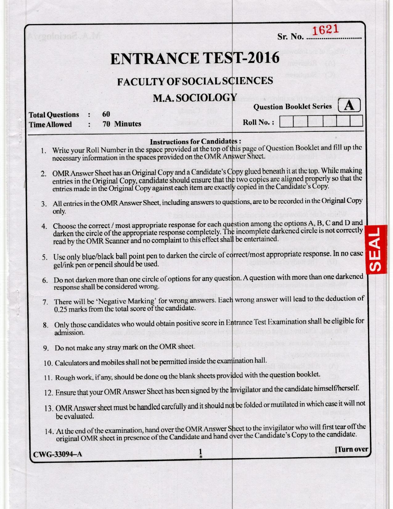 KUET 2024 M.A. Sociology Question Paper - Page 42