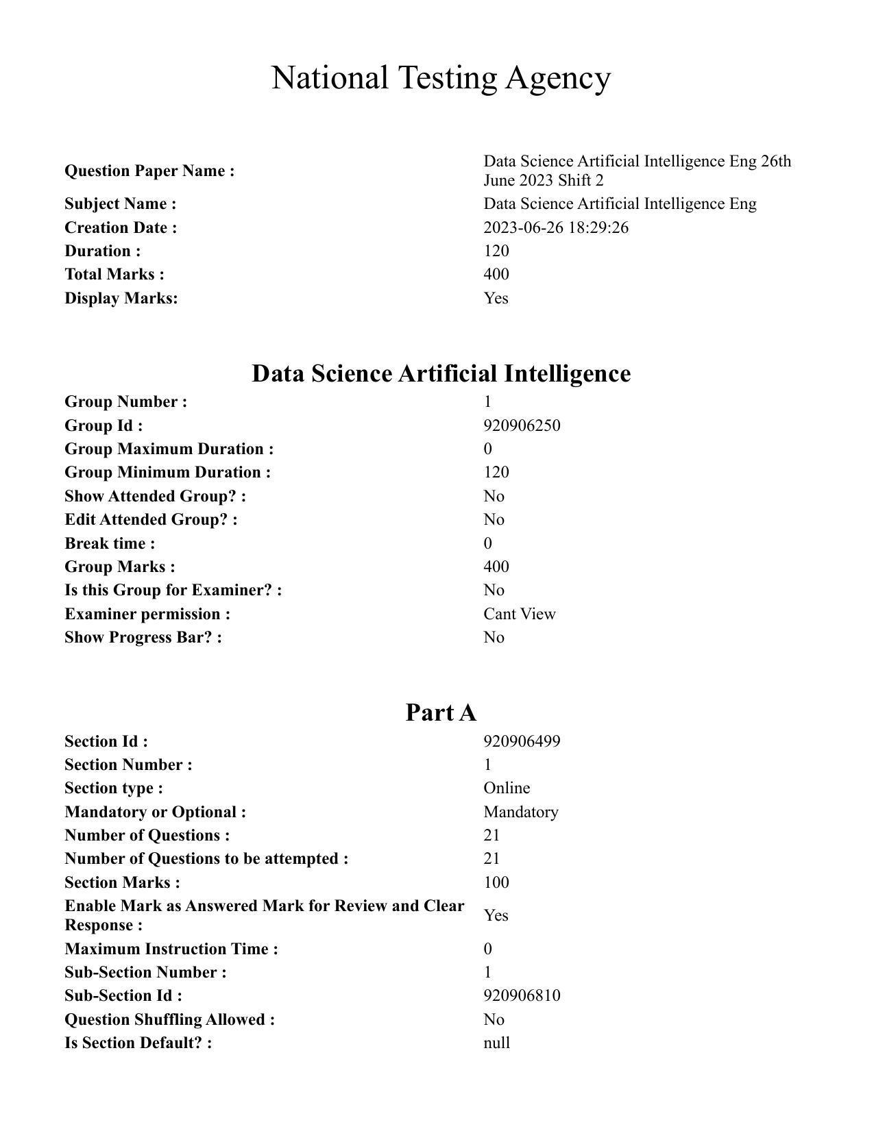 CUET PG 2023: MTQP04 – Data Science, Artifical Intelligence, Cyber Security & Computer Science (Eng) - Shift 2 (26-06-2023) Question Paper - Page 1