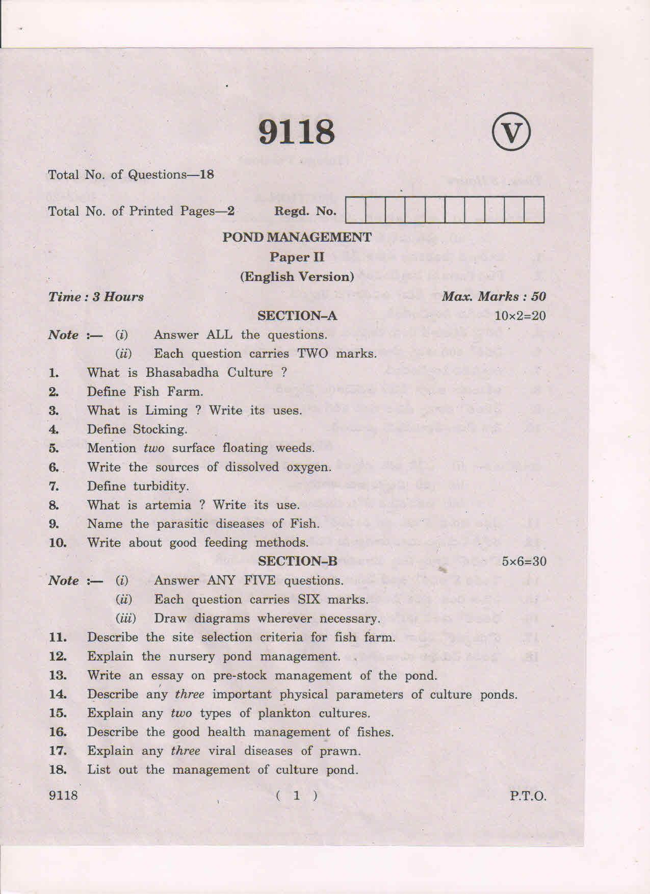 AP Inter 2nd Yea Pond Management-II March-2019-Vocational Question Paper - Page 1