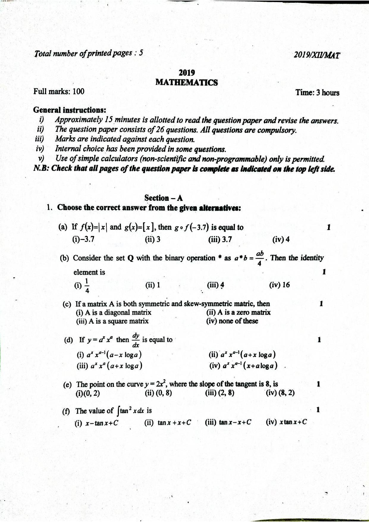 Nagaland Board Class 12 Mathematics 2019 Question Papers - Page 1