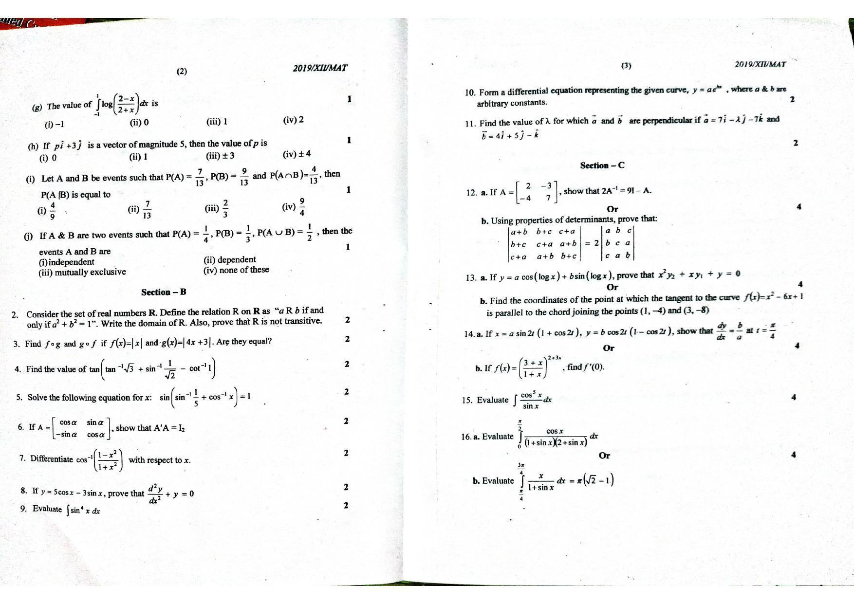 Nagaland Board Class 12 Mathematics 2019 Question Papers - Page 2