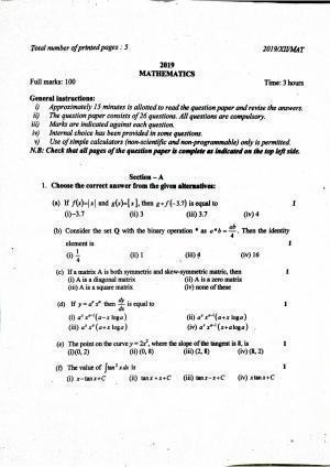 Nagaland Board Class 12 Mathematics 2019 Question Papers