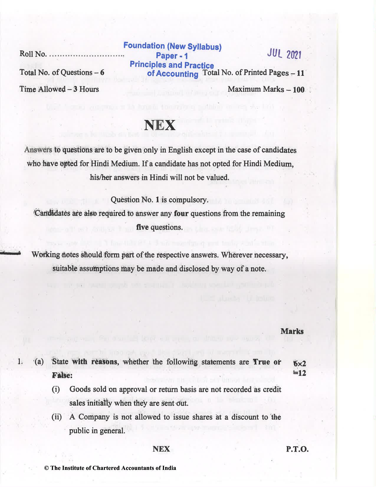 CA Foundation May 2021 Question Paper - Paper 1 (Principles and Practice of Accounting) - Page 1
