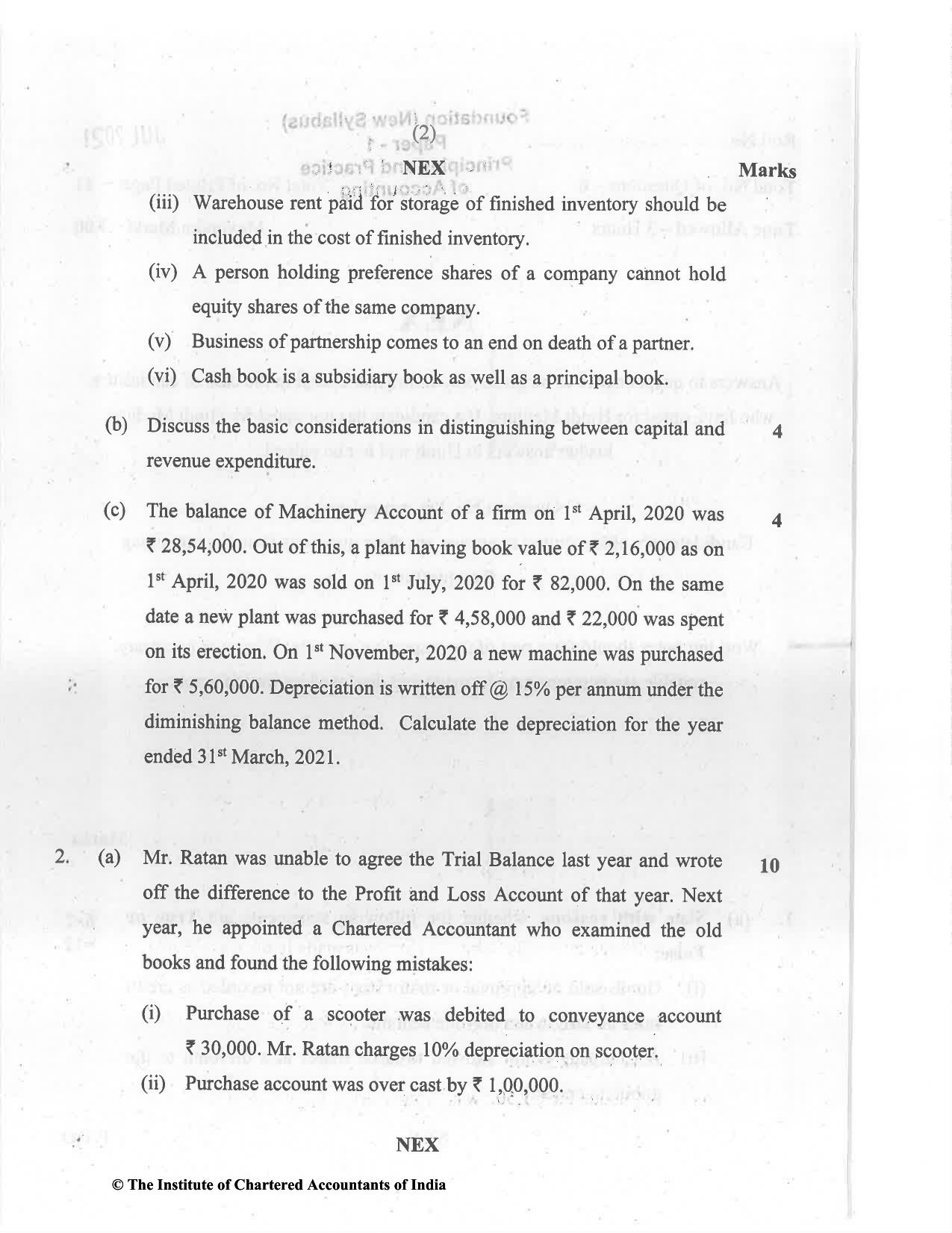 CA Foundation May 2021 Question Paper - Paper 1 (Principles and Practice of Accounting) - Page 2