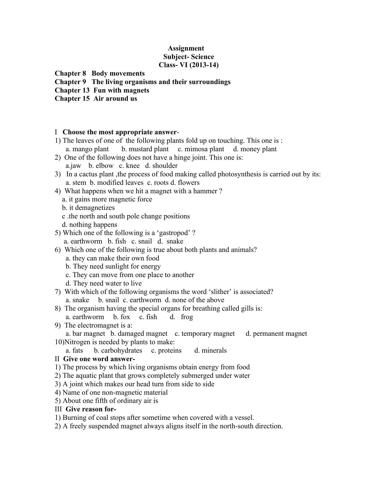 CBSE Worksheets for Class 6 Science Assignment 5 - Page 1