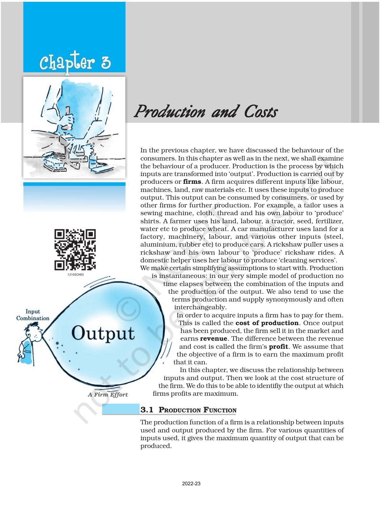 NCERT Book for Class 12 Economics (Microeconomics) Chapter 3 Production and Costs - Page 1