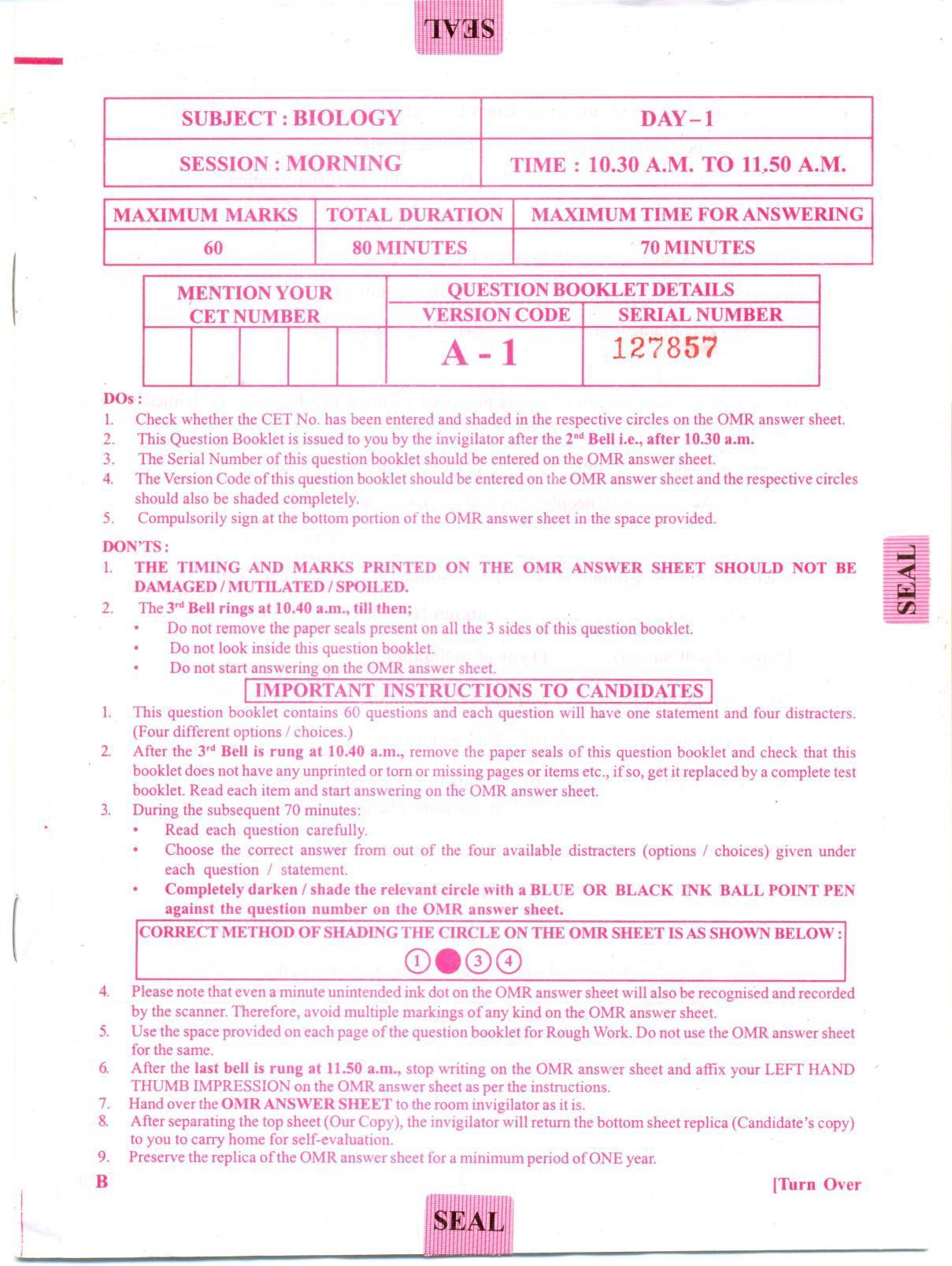 KCET Biology 2012 Question Papers - Page 1