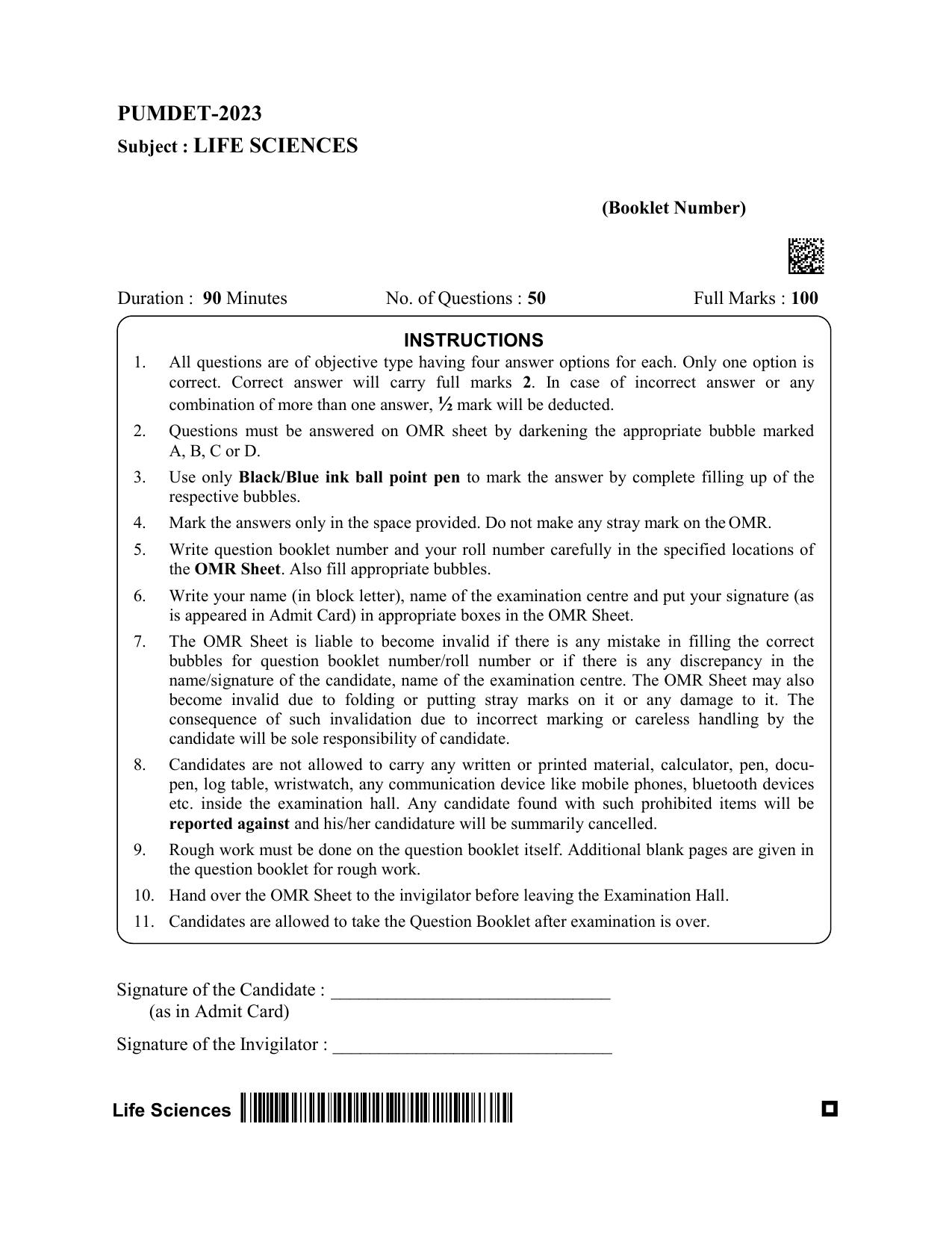 PUMDET 2023 Life Sciences Question Paper - Page 1