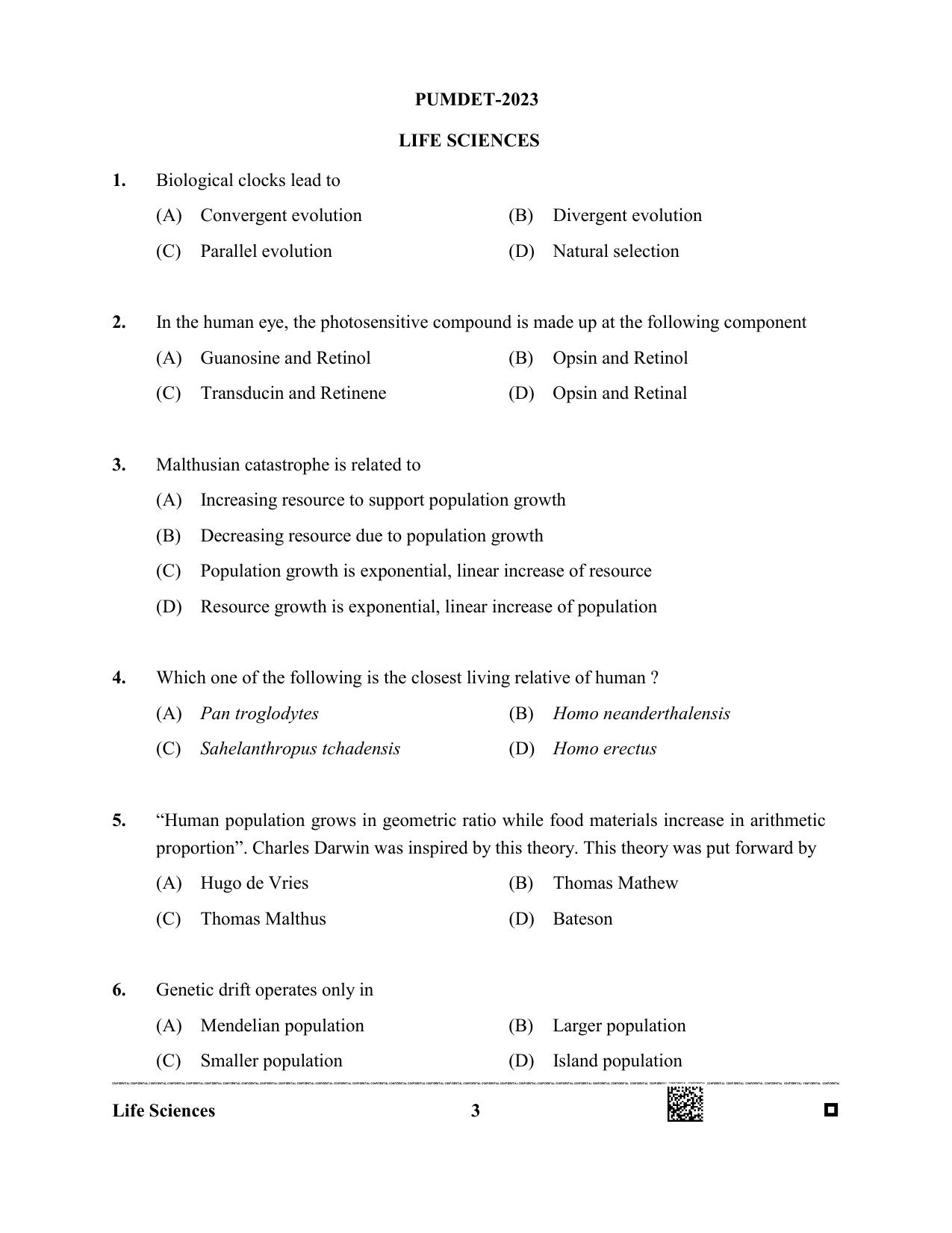 PUMDET 2023 Life Sciences Question Paper - Page 3