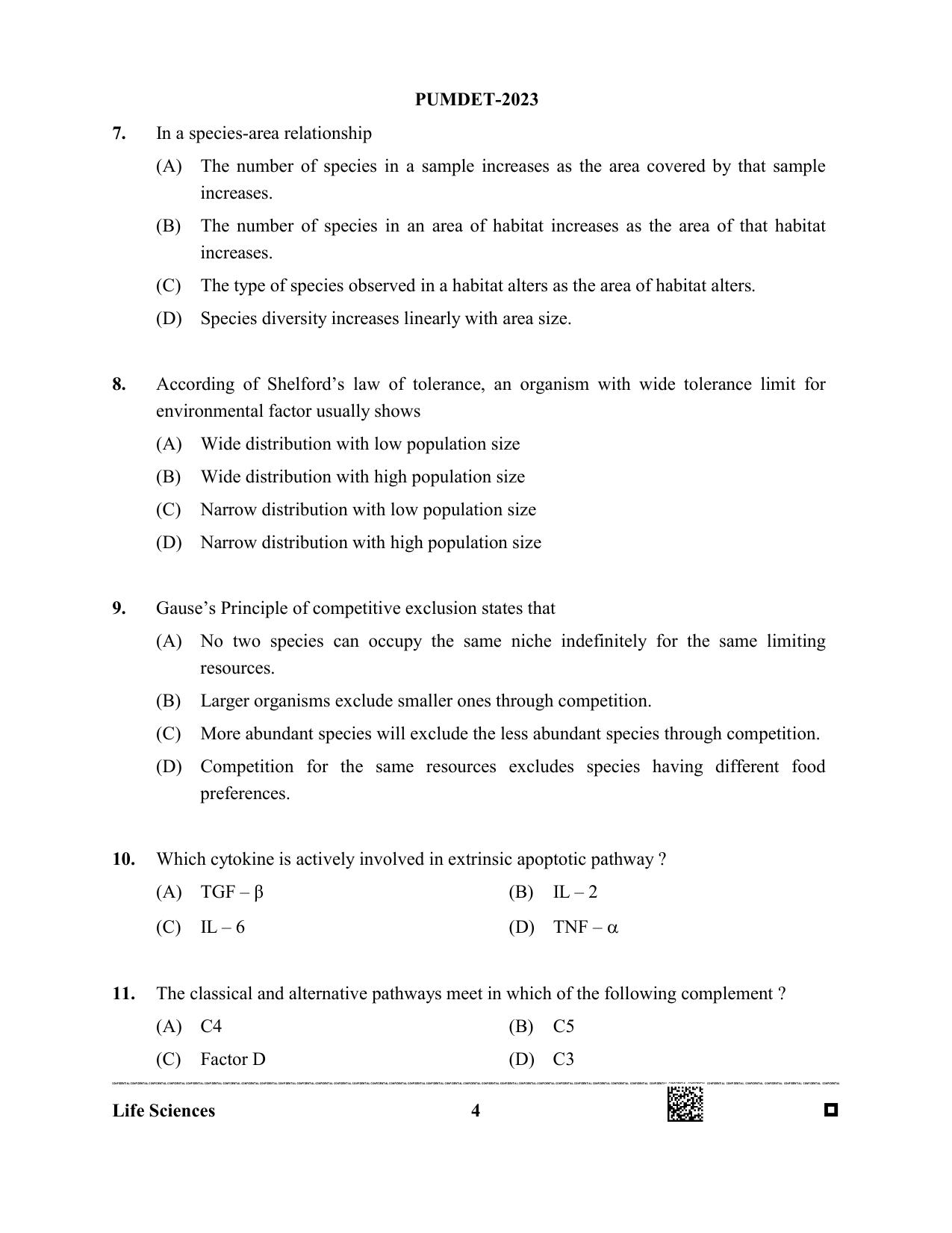 PUMDET 2023 Life Sciences Question Paper - Page 4