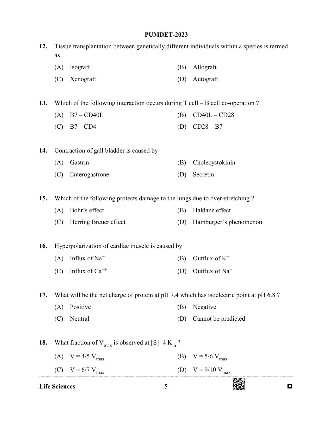 PUMDET 2023 Life Sciences Question Paper - Page 5
