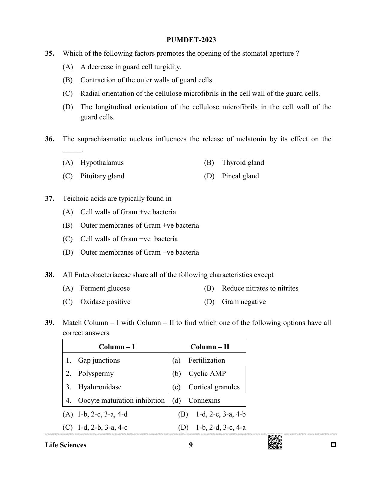 PUMDET 2023 Life Sciences Question Paper - Page 9