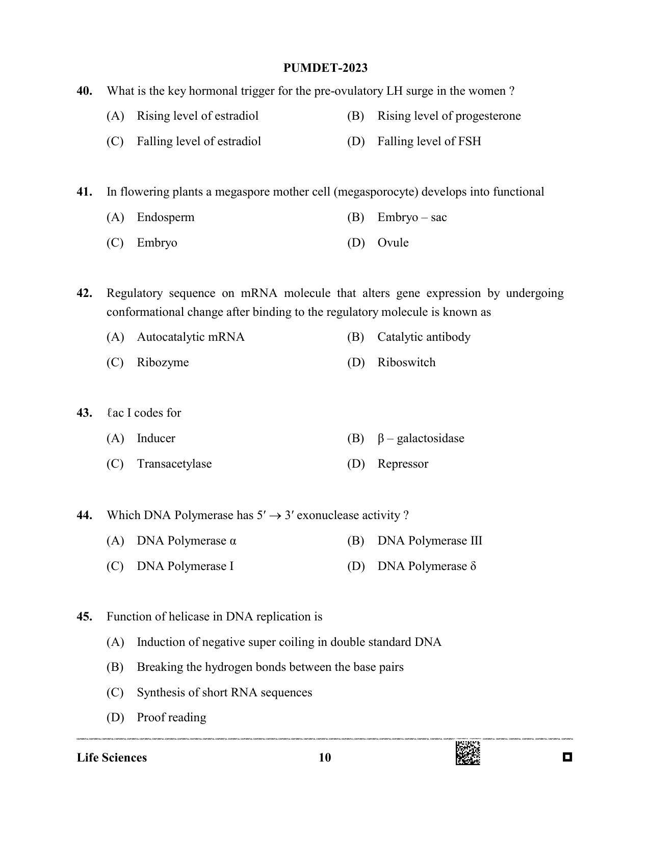 PUMDET 2023 Life Sciences Question Paper - Page 10