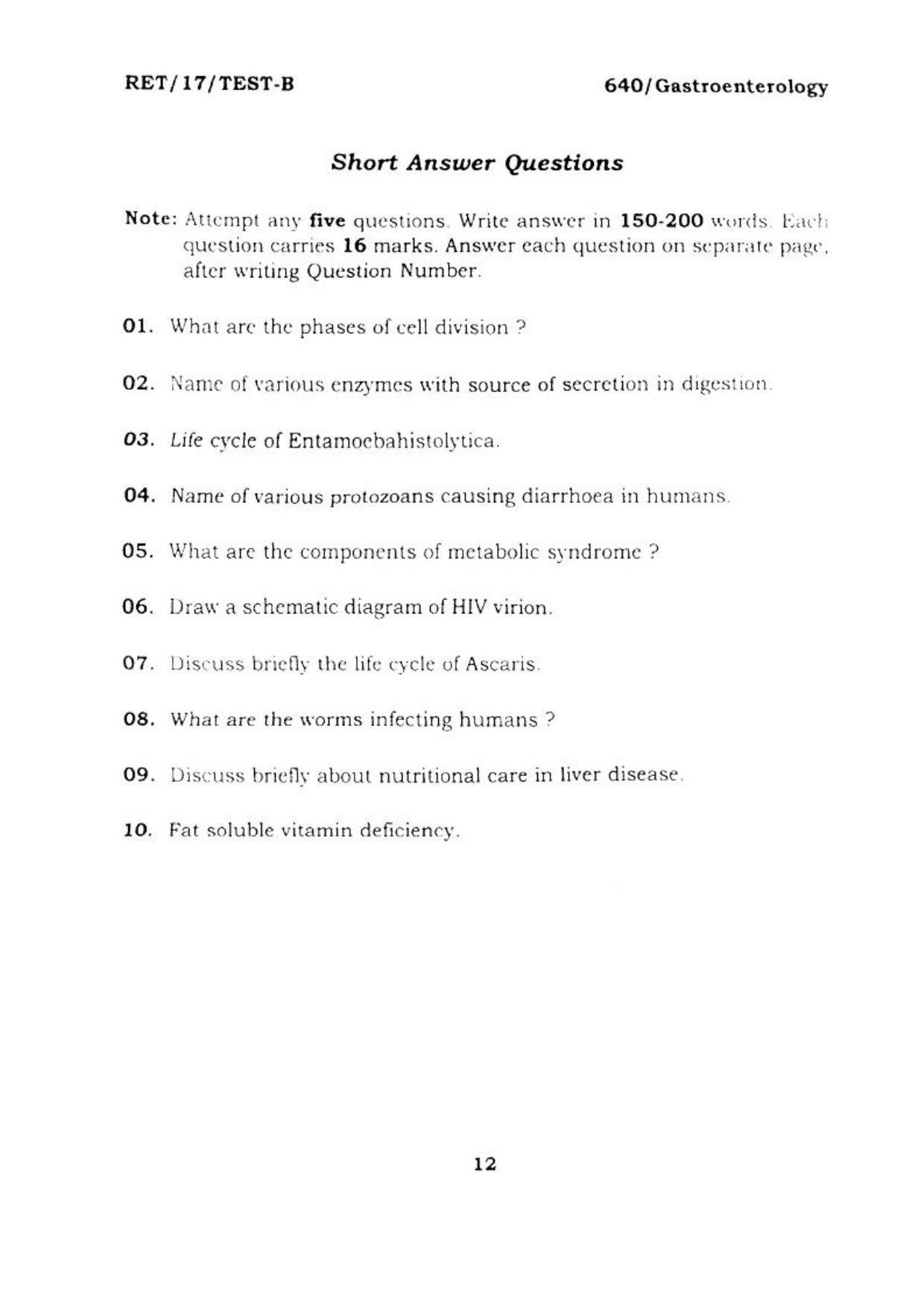  BHU RET GASTROENTROLOGY 2017 Question Paper - Page 12