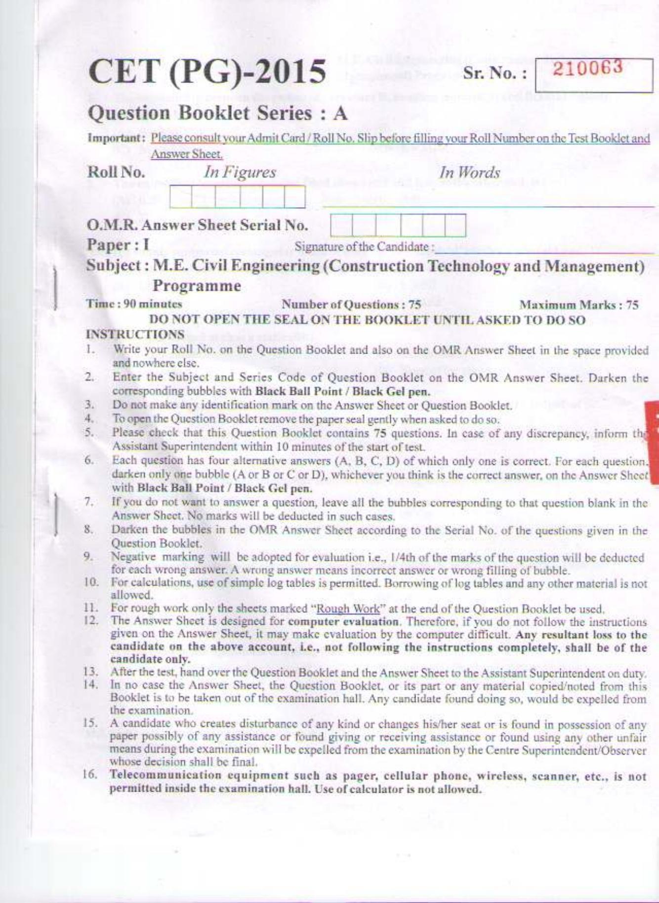 PU CET PG 2015: Civil Engg. (Construction Technology & Management) Question Paper - Page 1