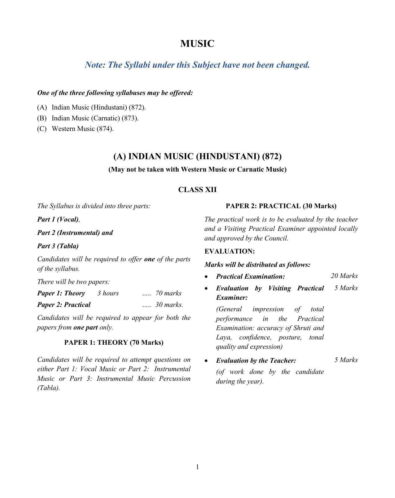 ISC Class 12 Music Syllabus - Page 1