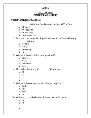 Worksheet for Class 3 Computers Assignment 8 Tux Paint