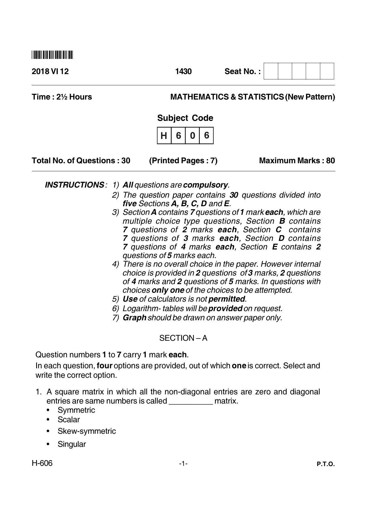 Goa Board Class 12 Mathematics & Statistics 606 New Pattern Paper 1 (June 2018) Question Paper - Page 1