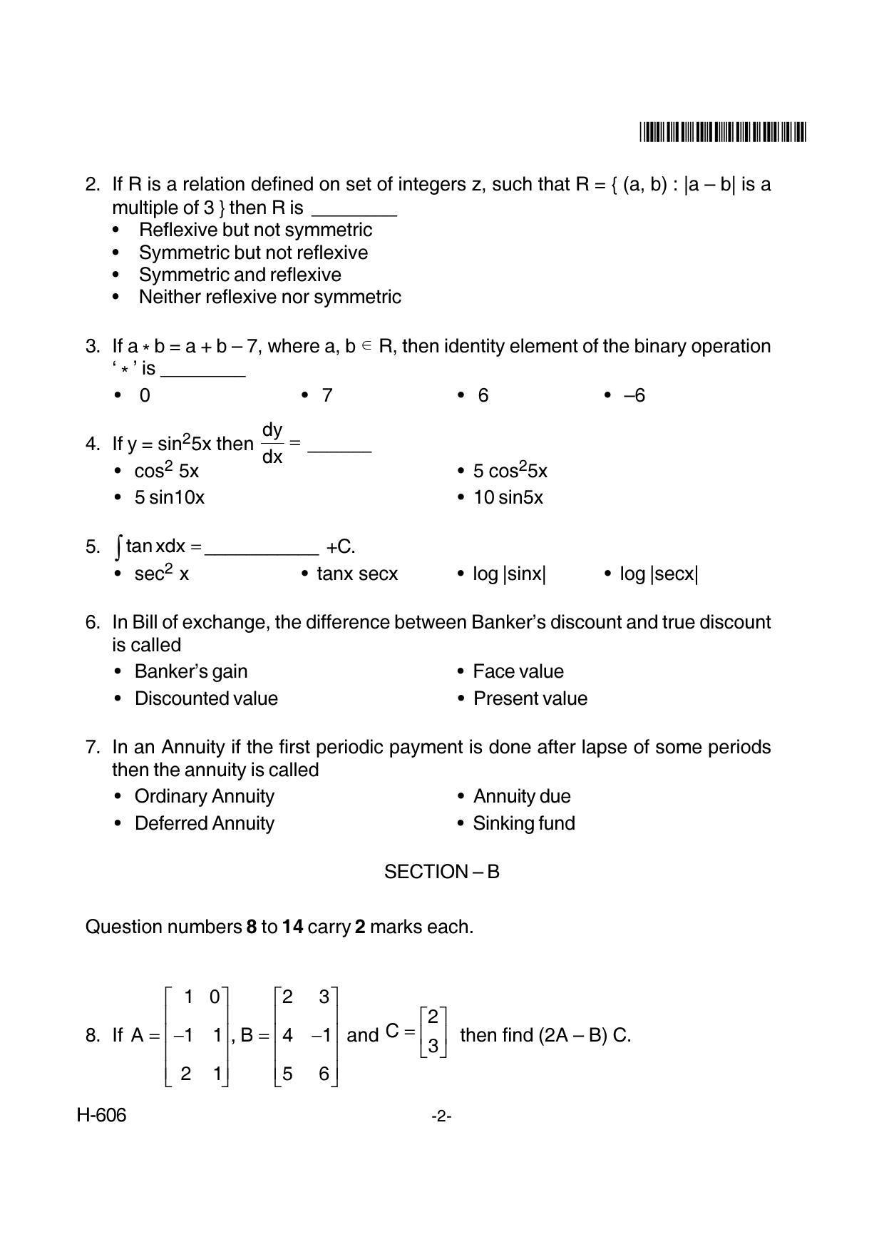 Goa Board Class 12 Mathematics & Statistics 606 New Pattern Paper 1 (June 2018) Question Paper - Page 2