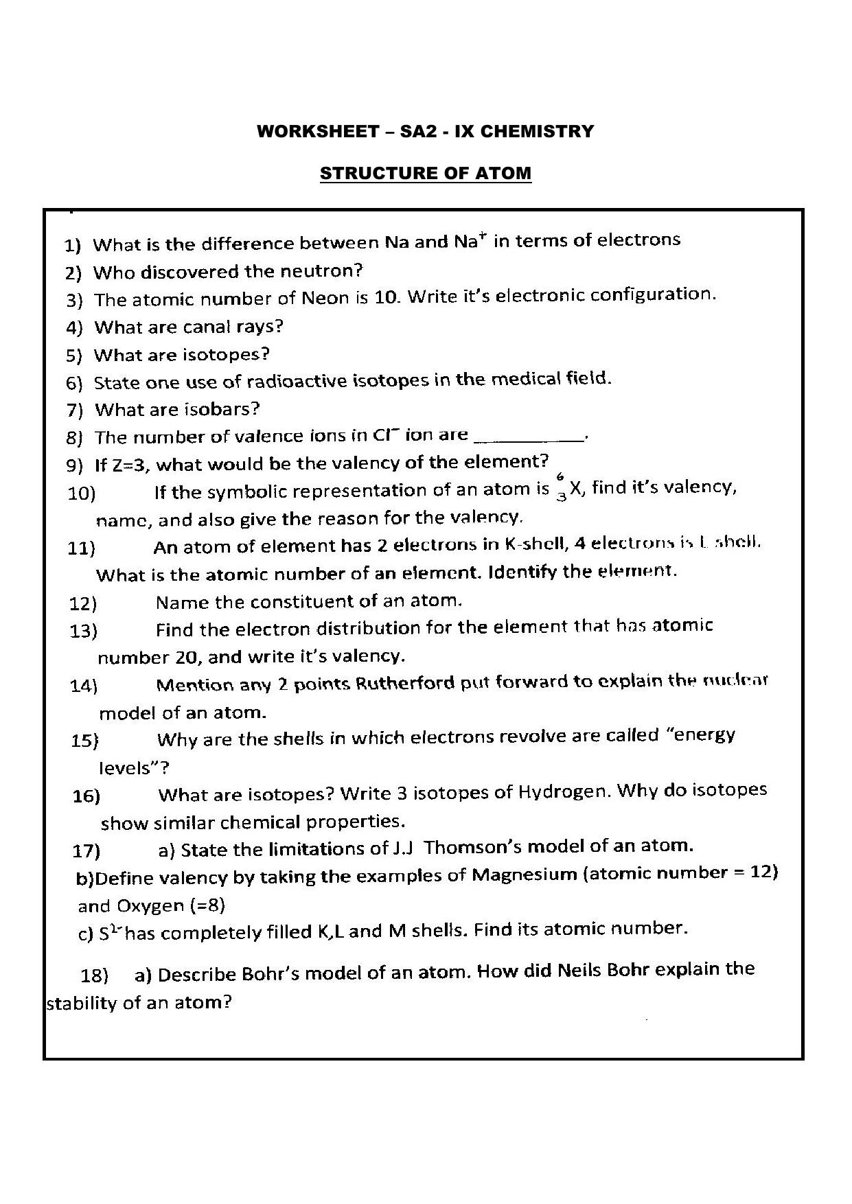 CBSE Worksheets for Class 9 Chemistry Structure of Atom Assignment 1 - Page 1