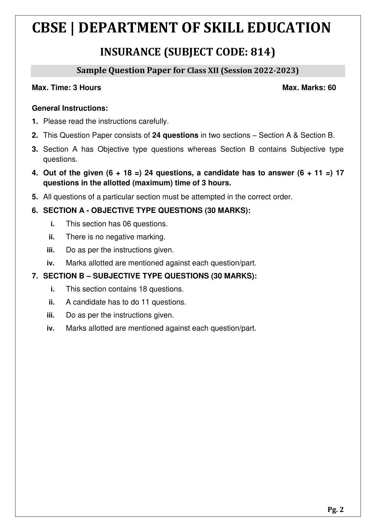CBSE Class 12 Insurance (Skill Education) Sample Papers 2023 - Page 2