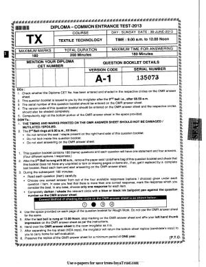 Karnataka Diploma CET- 2013 Textile Technology Question Paper